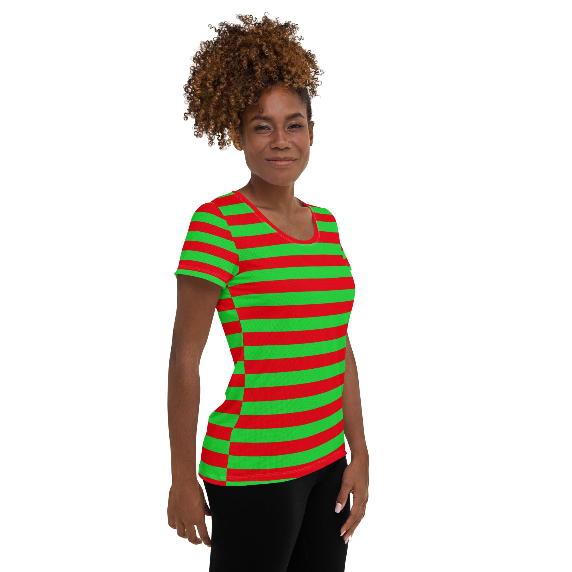Women’s Red & Green Striped Christmas Performance Athletic T-Shirt - Lightweight Moisture Wicking Workout Top with UPF 50+