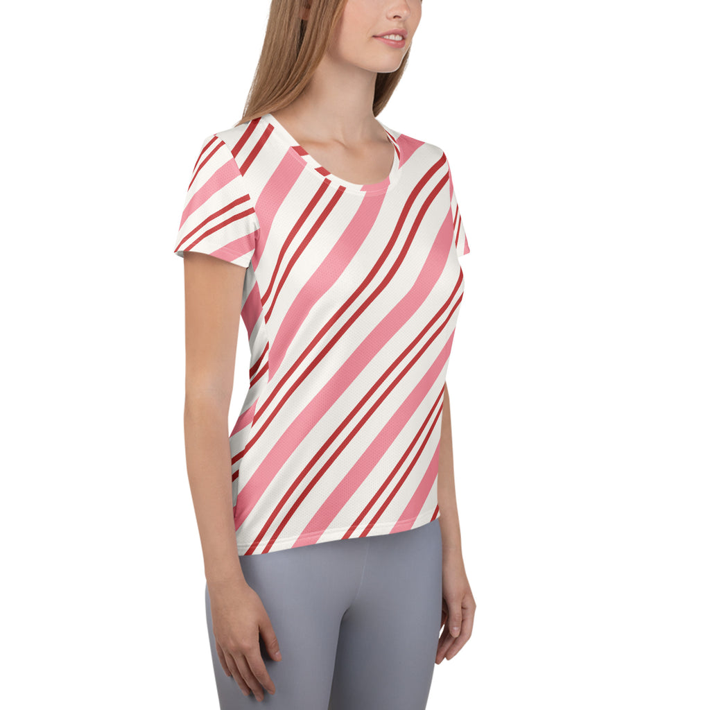 Women’s Pink Candy Cane Stripe Christmas Performance Athletic T-Shirt - Lightweight Moisture Wicking Workout Top with UPF 50+