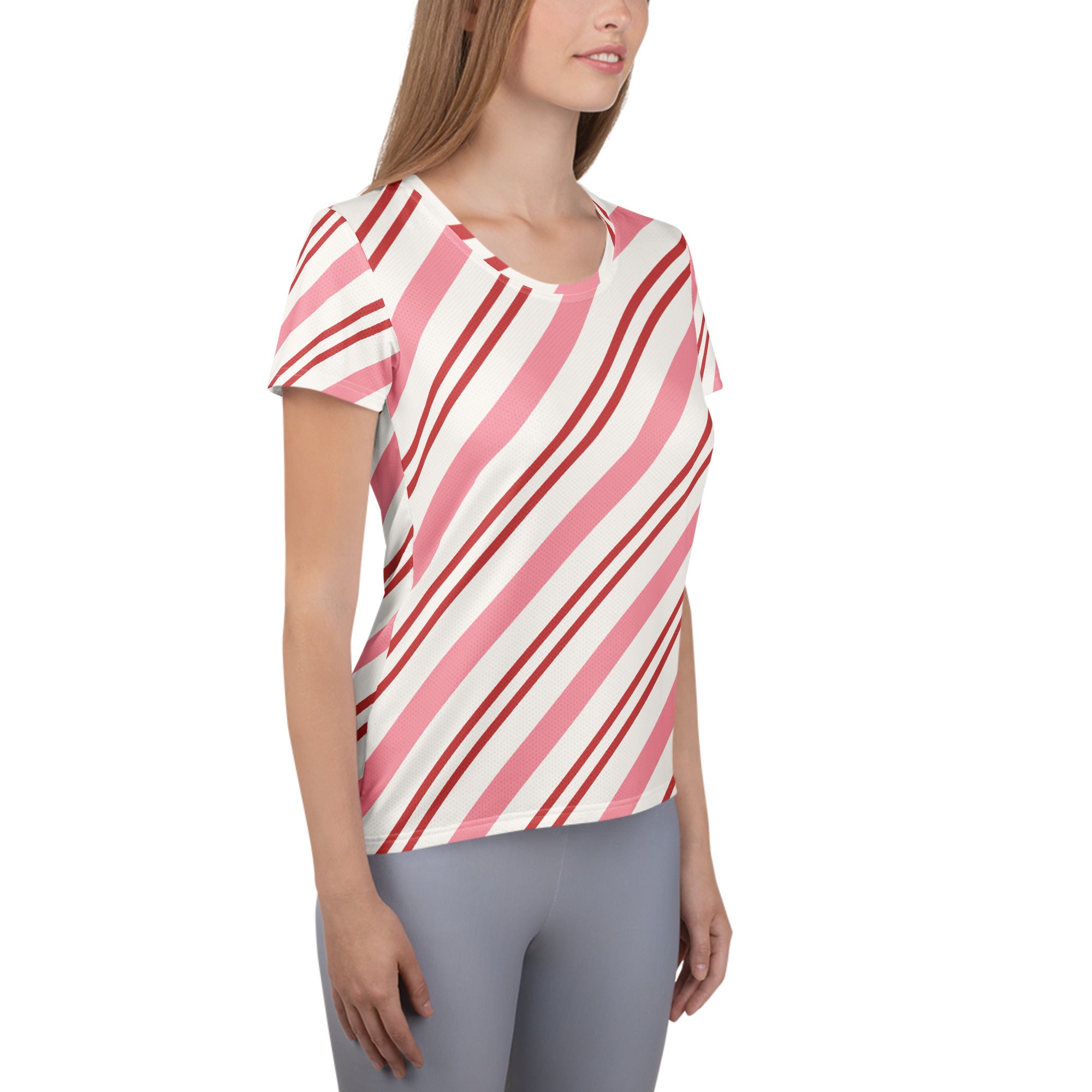 Women’s Pink Candy Cane Stripe Christmas Performance Athletic T-Shirt - Lightweight Moisture Wicking Workout Top with UPF 50+
