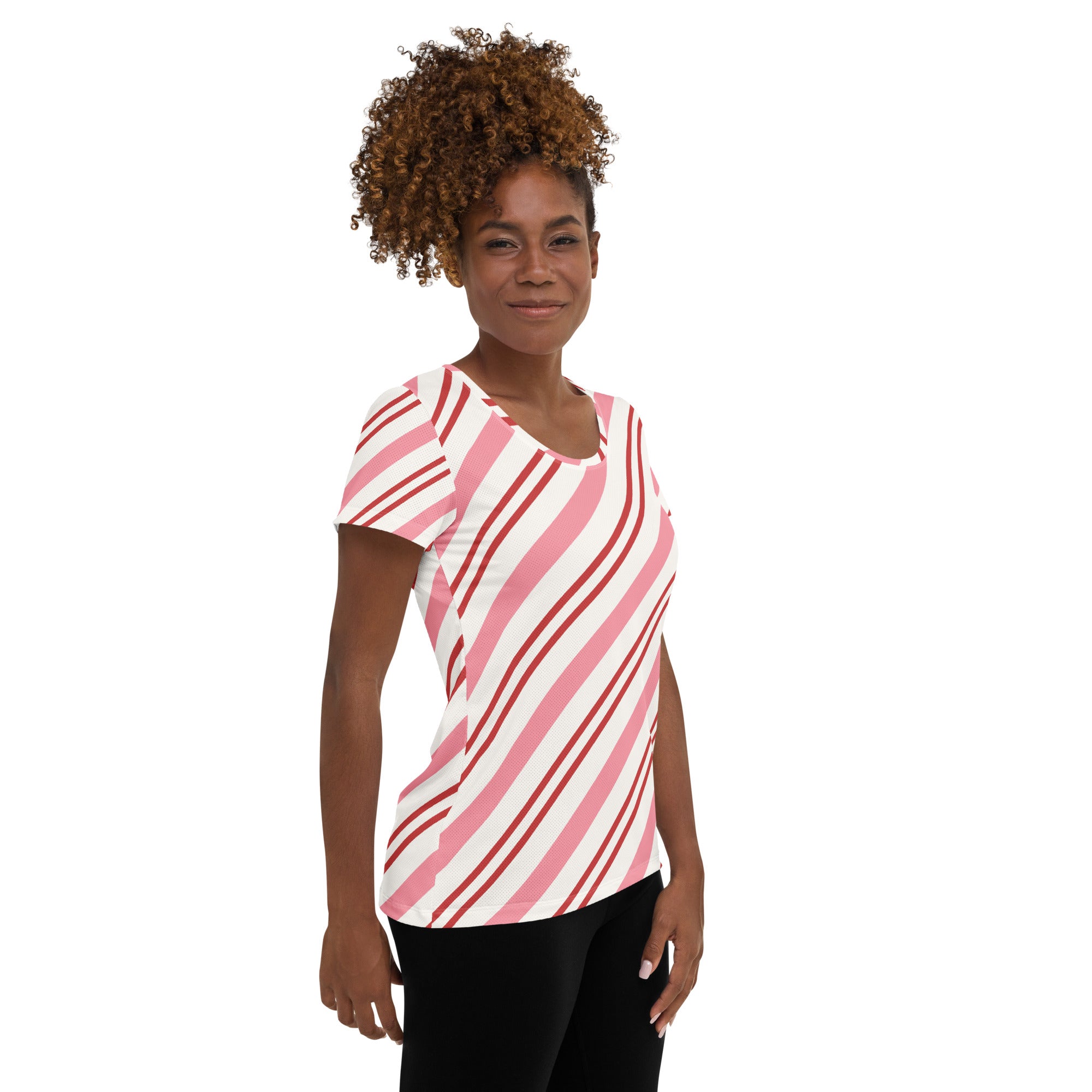Women’s Pink Candy Cane Stripe Christmas Performance Athletic T-Shirt - Lightweight Moisture Wicking Workout Top with UPF 50+