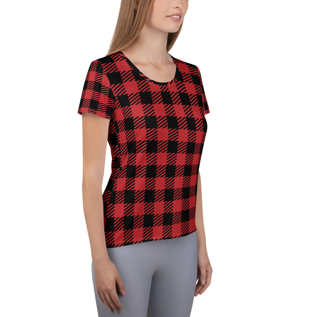 Women’s Red & Black Buffalo Plaid Performance Athletic T-Shirt - Lightweight Moisture Wicking Workout Top with UPF 50+