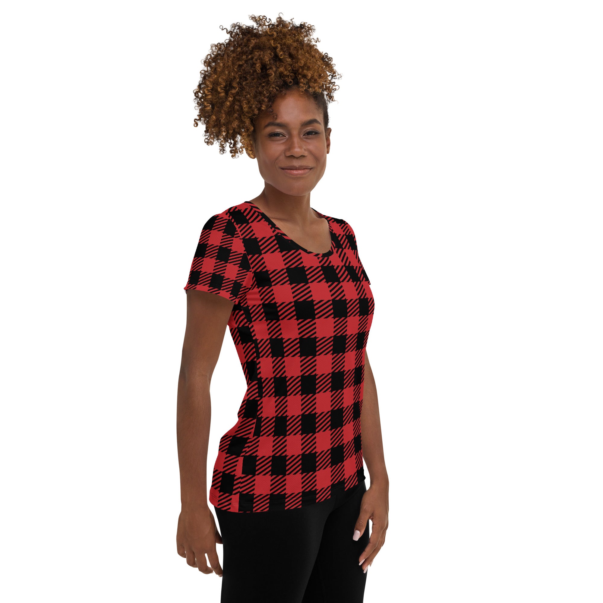 Women’s Red & Black Buffalo Plaid Performance Athletic T-Shirt - Lightweight Moisture Wicking Workout Top with UPF 50+