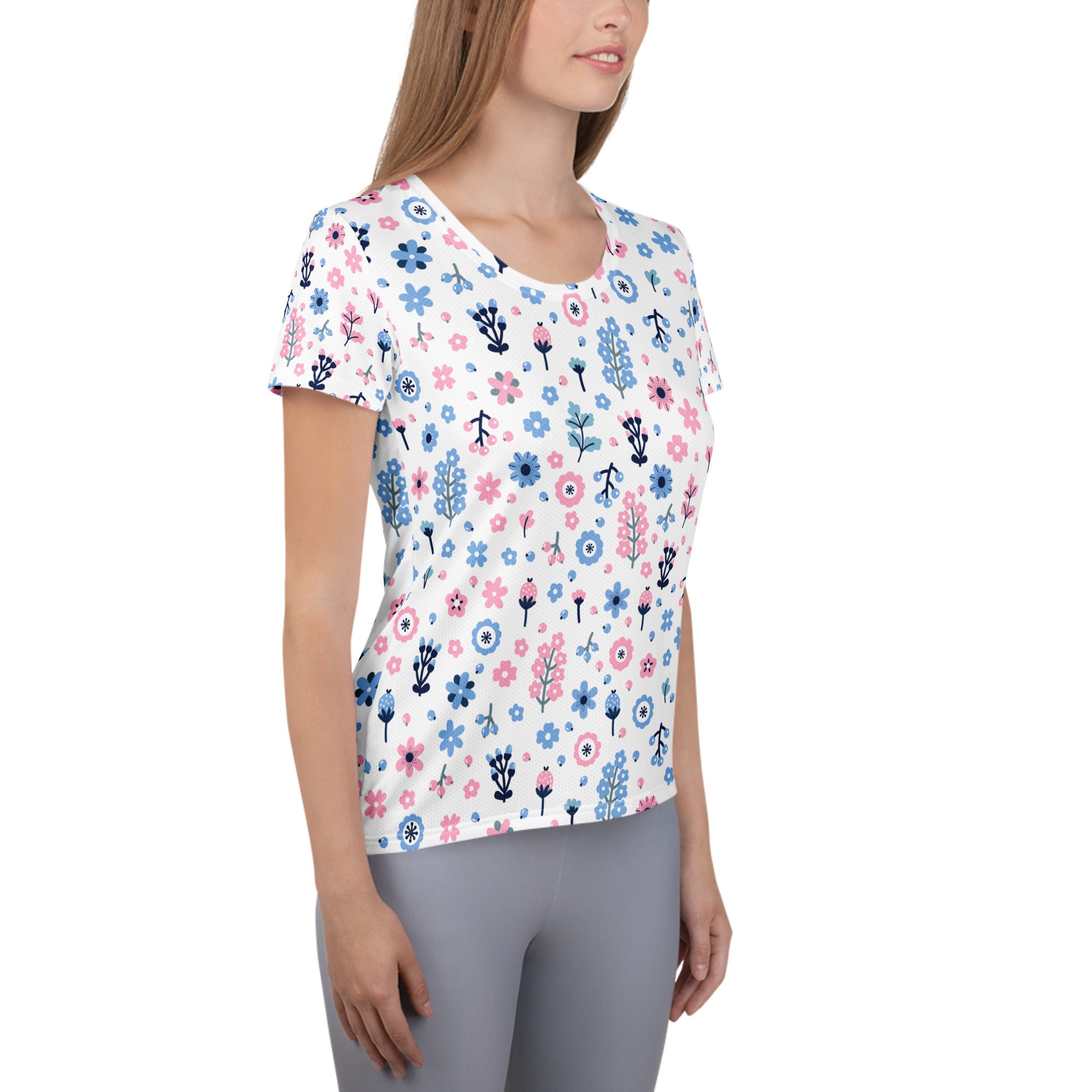 Women’s Pink & Blue Floral Performance Athletic T-Shirt - Lightweight Moisture Wicking Workout Top with UPF 50+