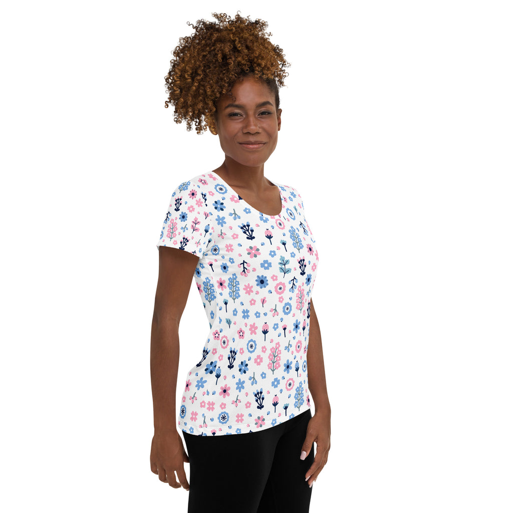Women’s Pink & Blue Floral Performance Athletic T-Shirt - Lightweight Moisture Wicking Workout Top with UPF 50+