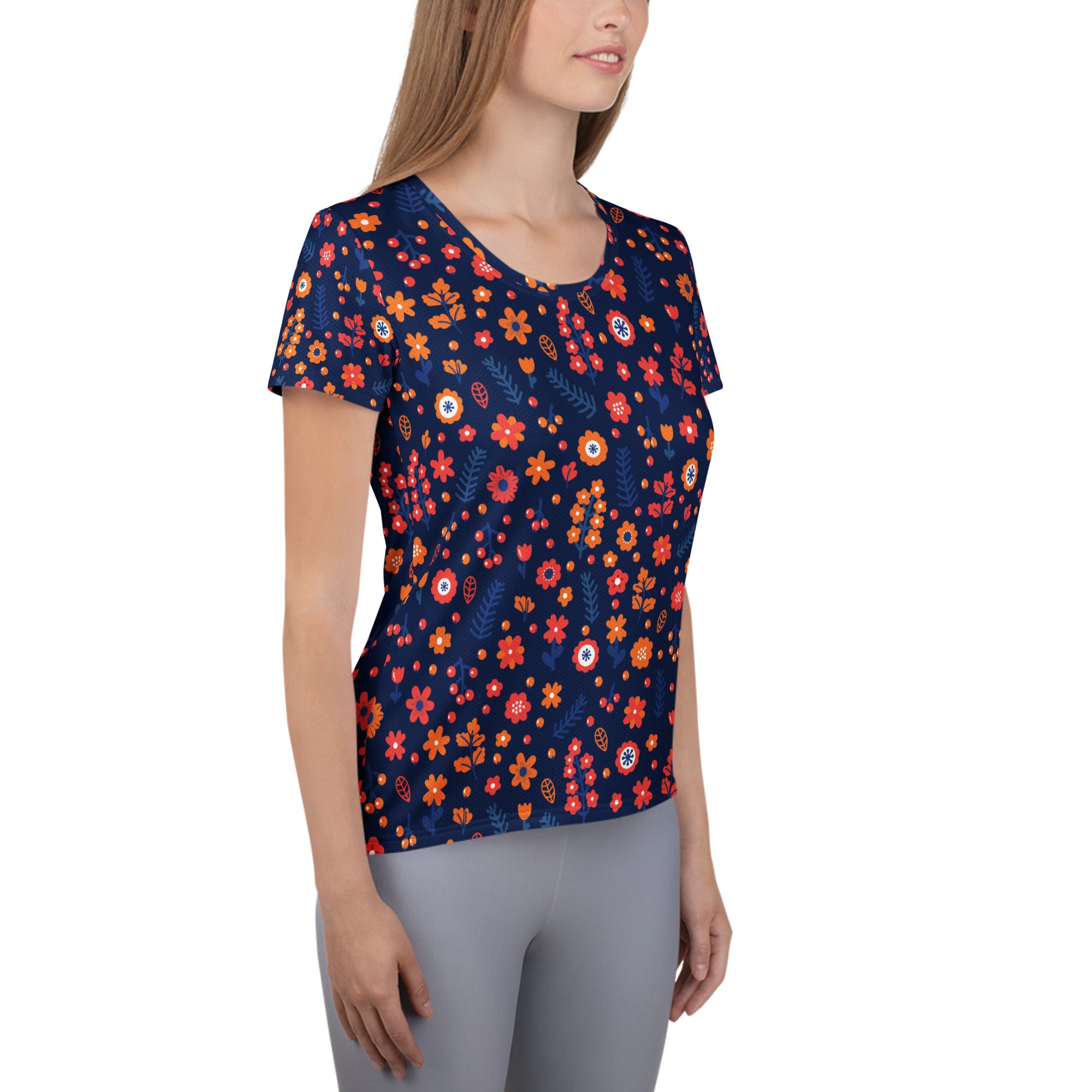 Women’s Navy Floral Performance Athletic T-Shirt - Lightweight Moisture Wicking Workout Top with UPF 50+