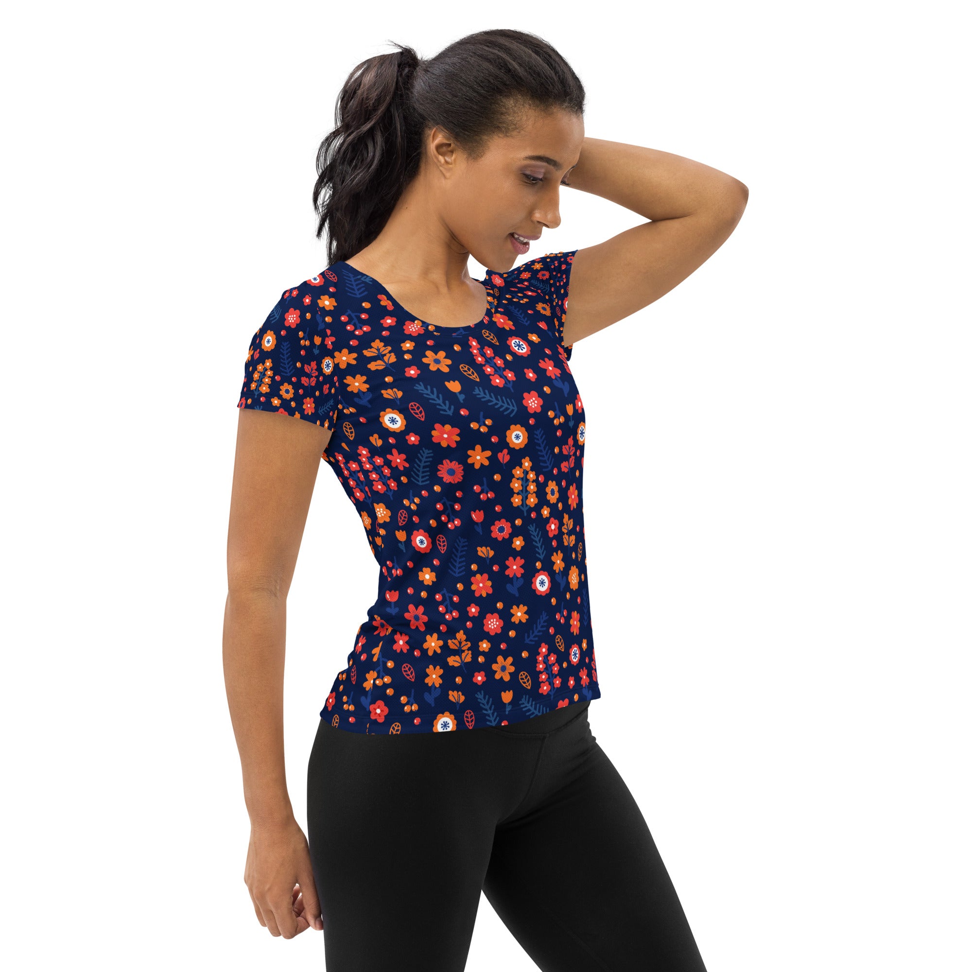 Women’s Navy Floral Performance Athletic T-Shirt - Lightweight Moisture Wicking Workout Top with UPF 50+