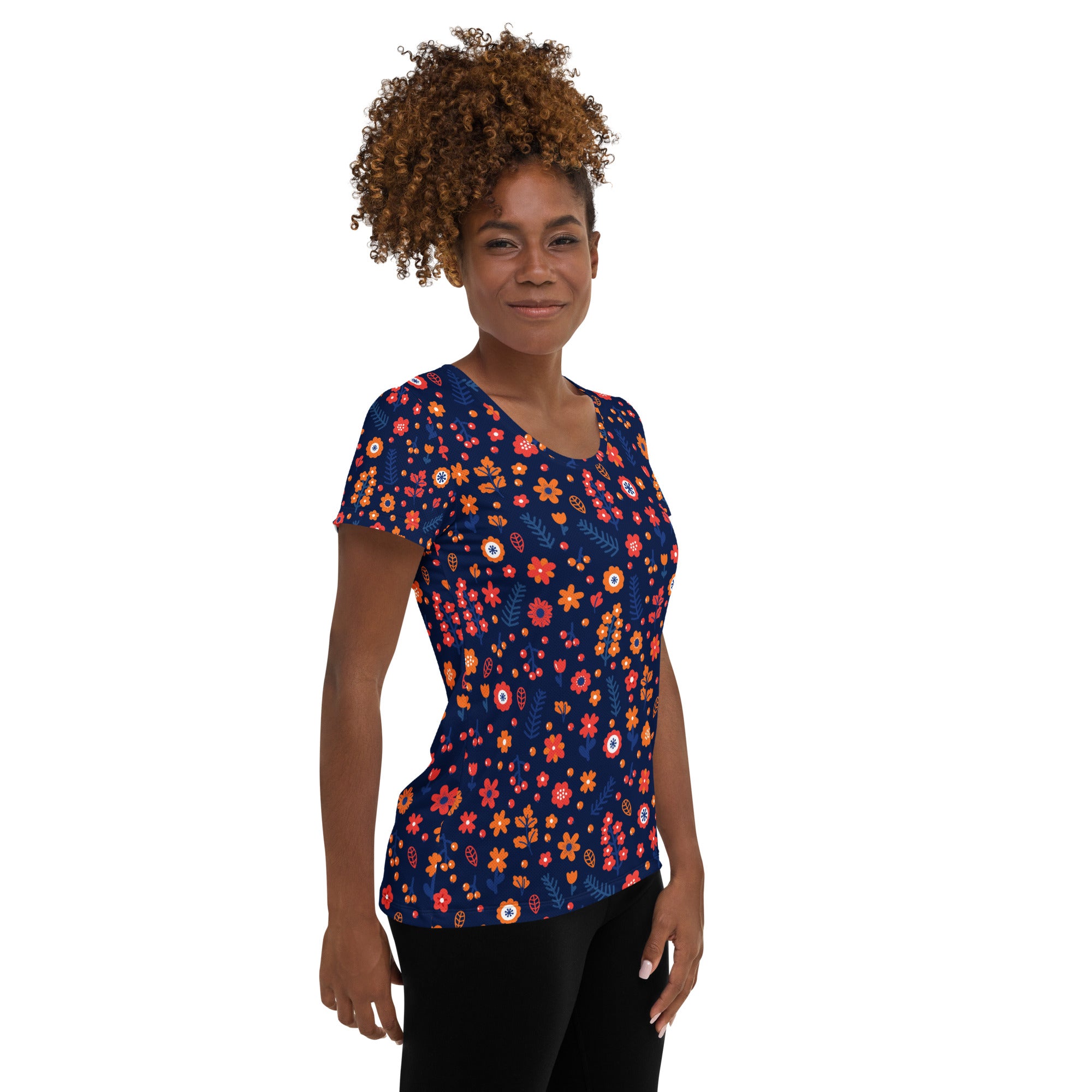 Women’s Navy Floral Performance Athletic T-Shirt - Lightweight Moisture Wicking Workout Top with UPF 50+