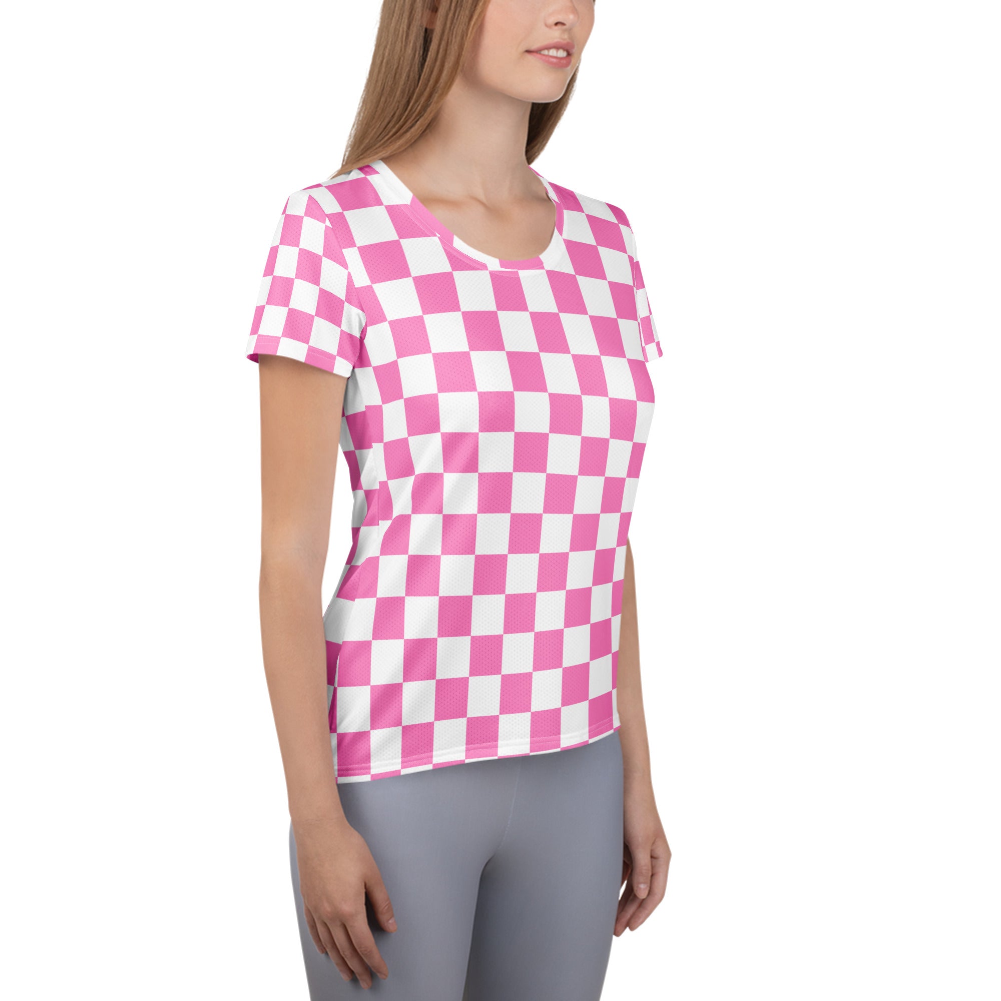 Women’s Pink Checkered Performance Athletic T-Shirt - Lightweight Moisture Wicking Workout Top with UPF 50+