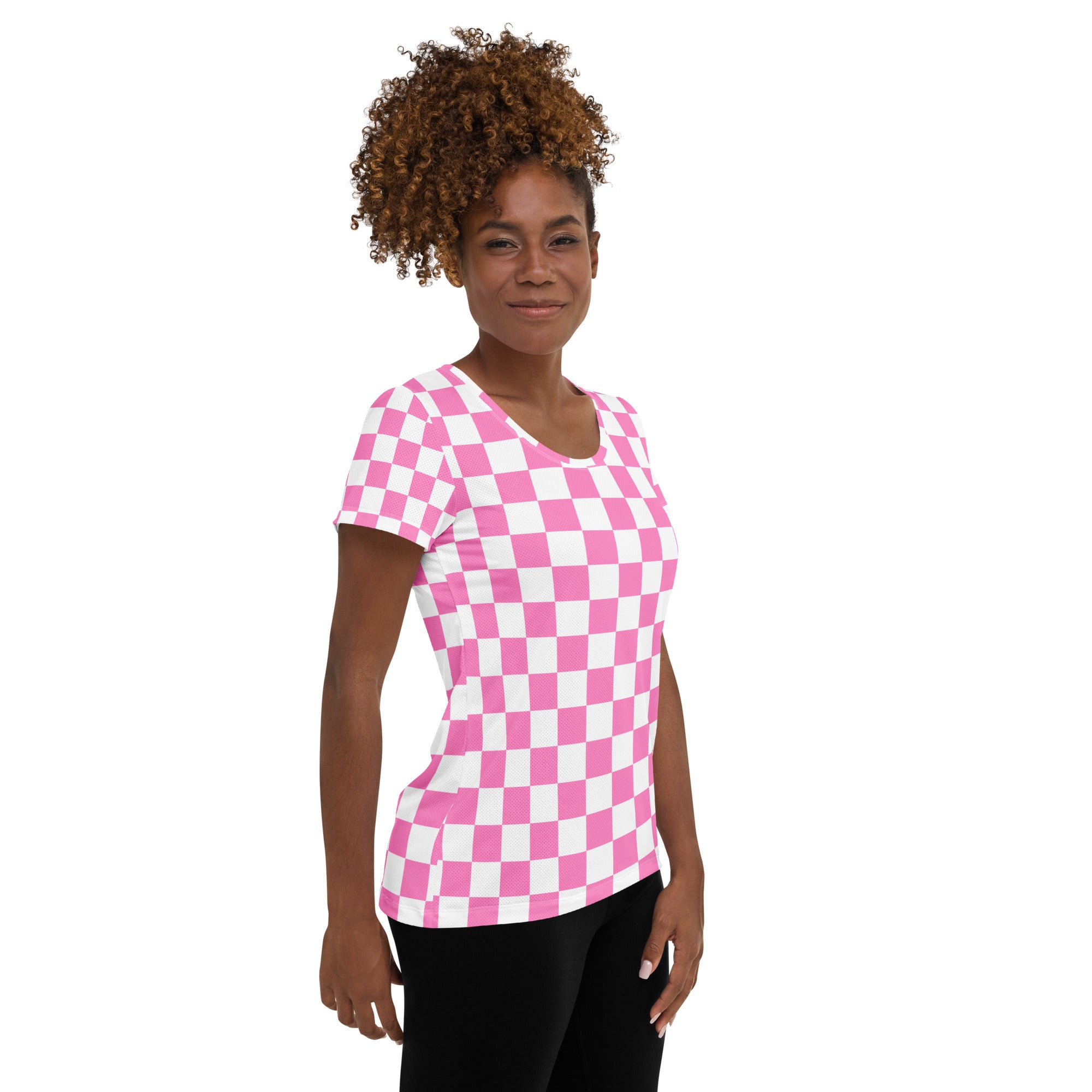 Women’s Pink Checkered Performance Athletic T-Shirt - Lightweight Moisture Wicking Workout Top with UPF 50+