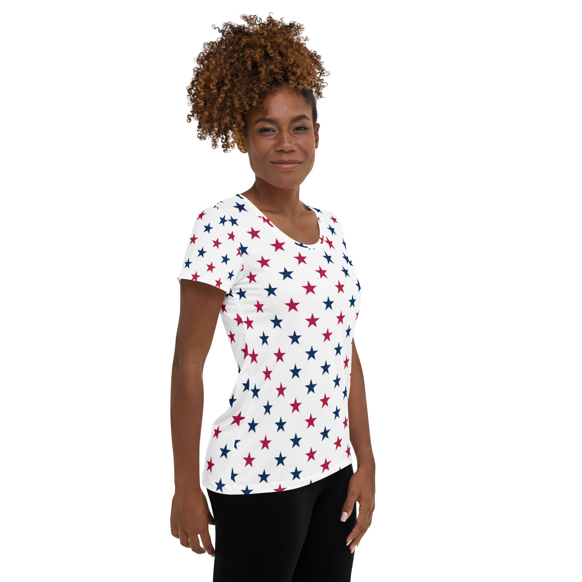 Women’s Red & Blue Star Performance Athletic T-Shirt - Lightweight Moisture Wicking Workout Top with UPF 50+