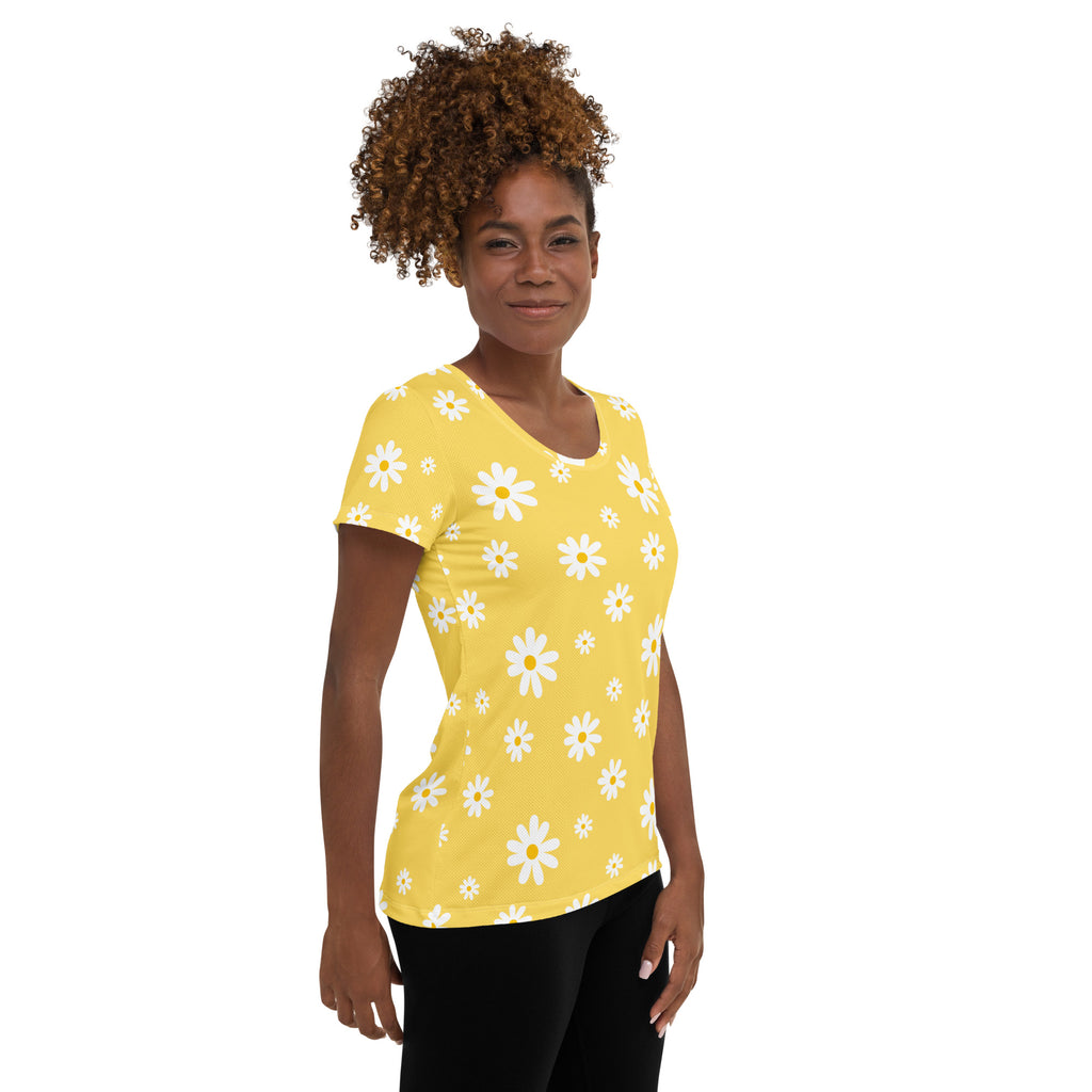Women’s Yellow Daisy Performance Athletic T-Shirt - Lightweight Moisture Wicking Workout Top with UPF 50+