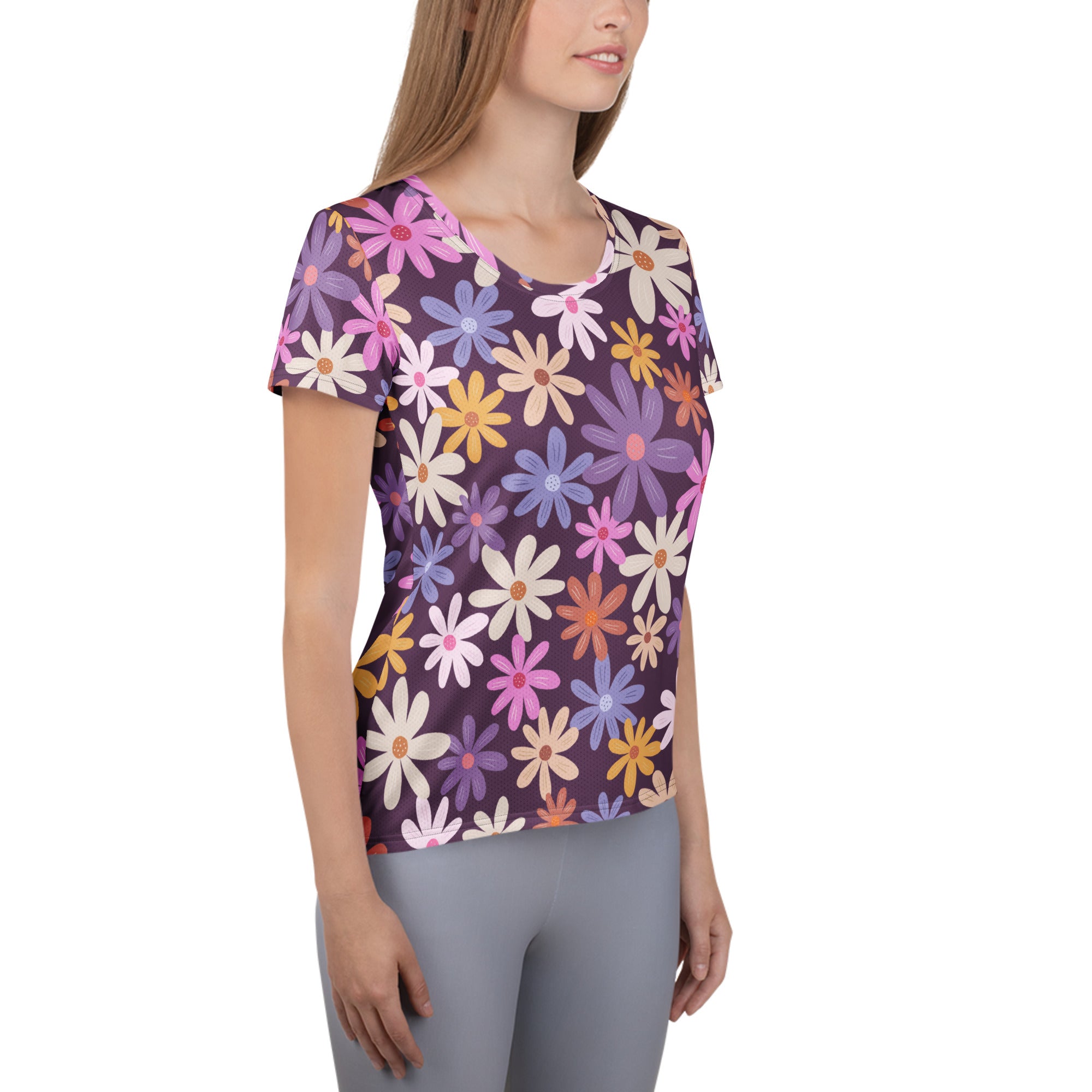 Women’s Retro Purple Floral Performance Athletic T-Shirt - Lightweight Moisture Wicking Workout Top with UPF 50+