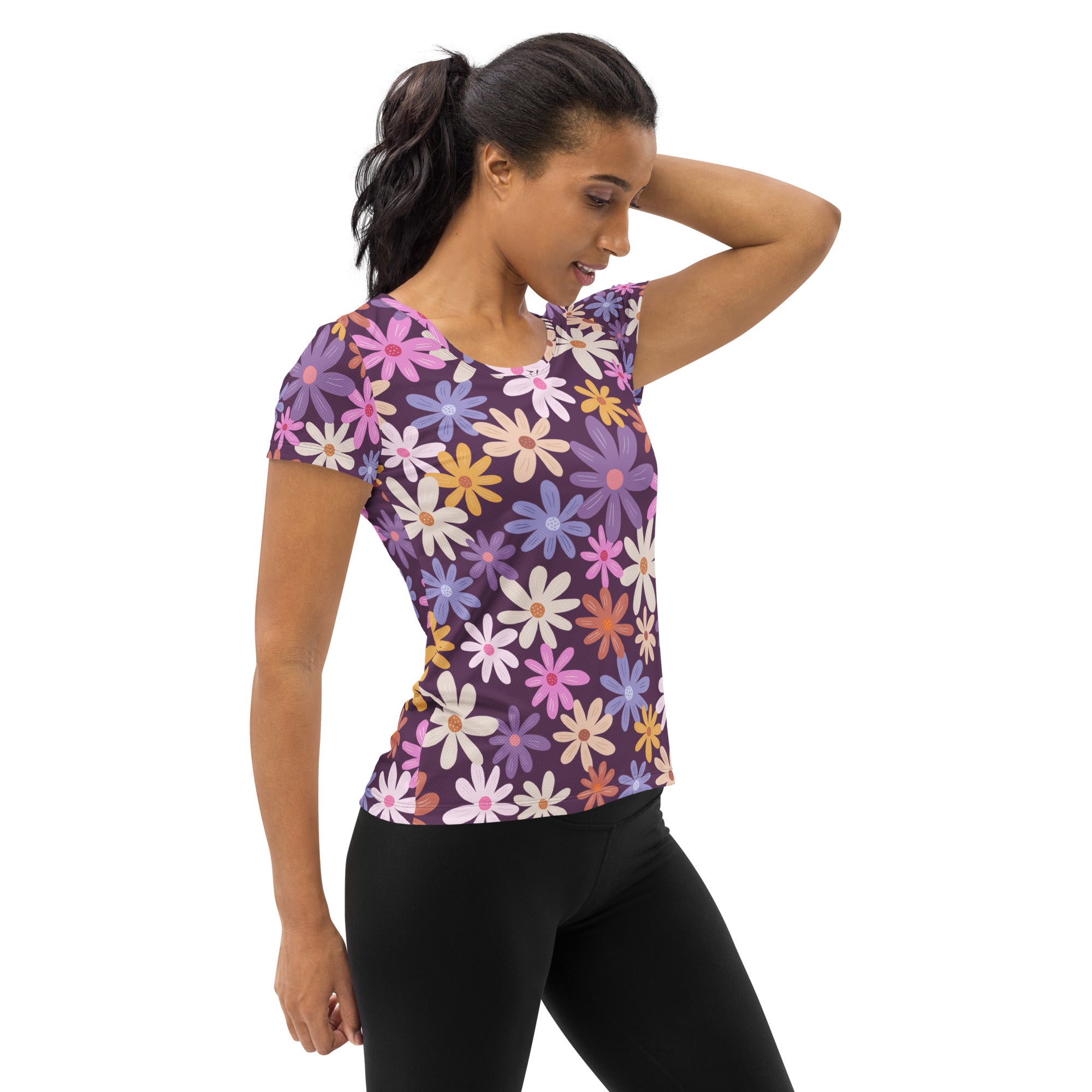 Women’s Retro Purple Floral Performance Athletic T-Shirt - Lightweight Moisture Wicking Workout Top with UPF 50+