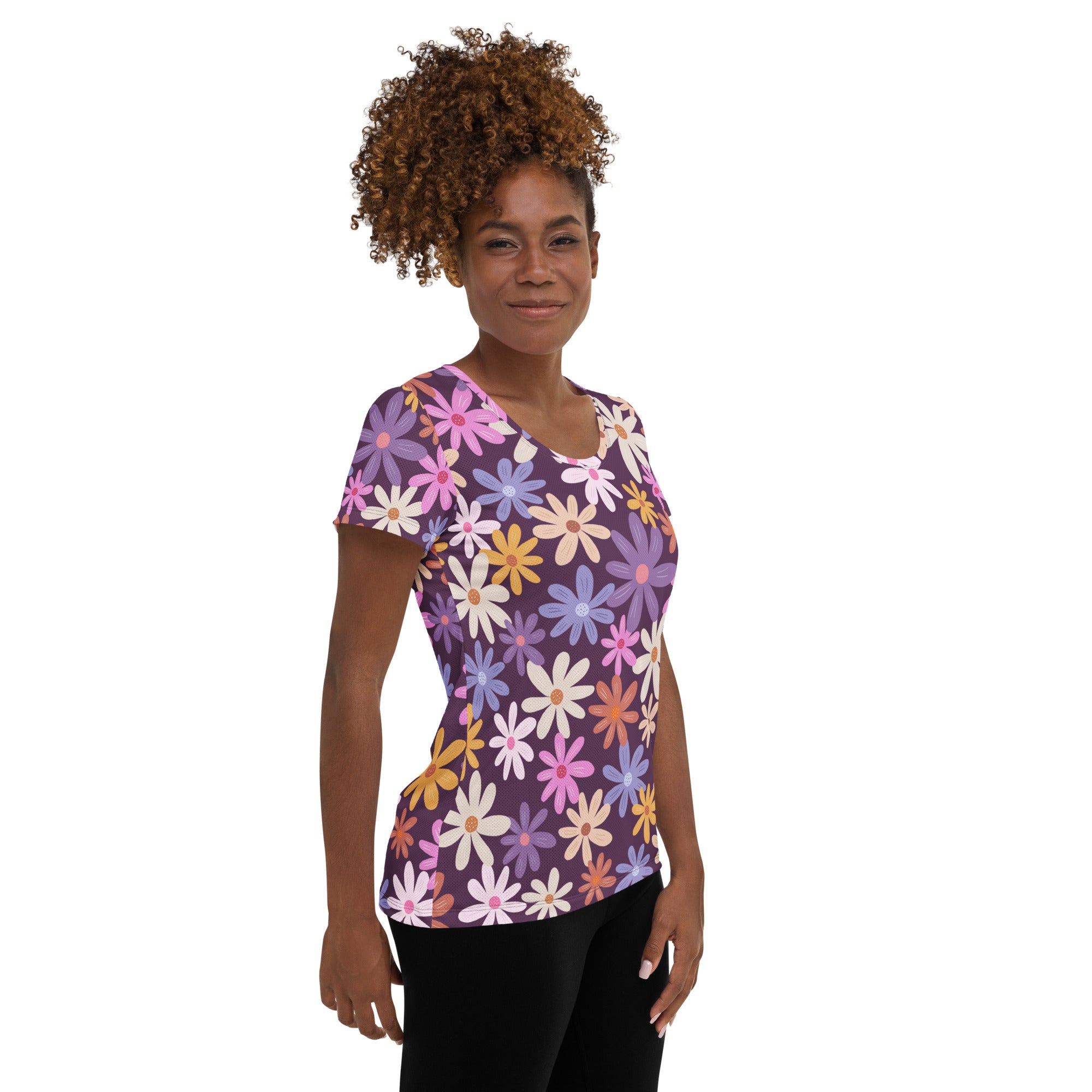 Women’s Retro Purple Floral Performance Athletic T-Shirt - Lightweight Moisture Wicking Workout Top with UPF 50+