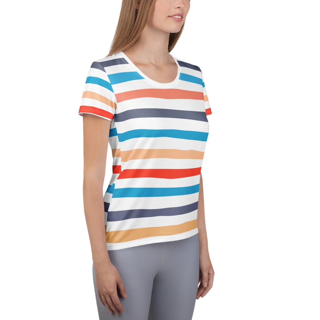 Women’s Colorful Striped Beach Performance Athletic T-Shirt - Lightweight Moisture Wicking Workout Top with UPF 50+