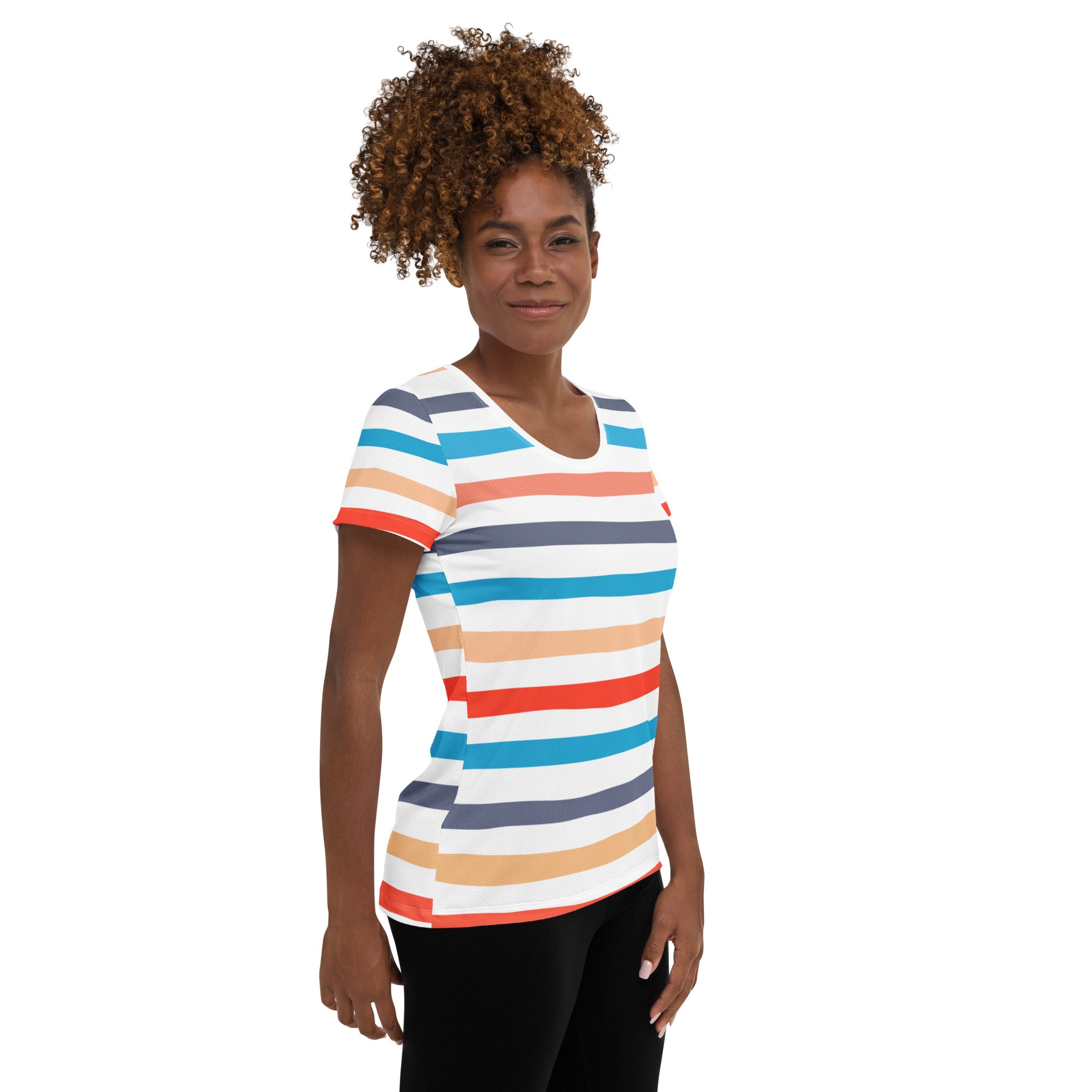 Women’s Colorful Striped Beach Performance Athletic T-Shirt - Lightweight Moisture Wicking Workout Top with UPF 50+