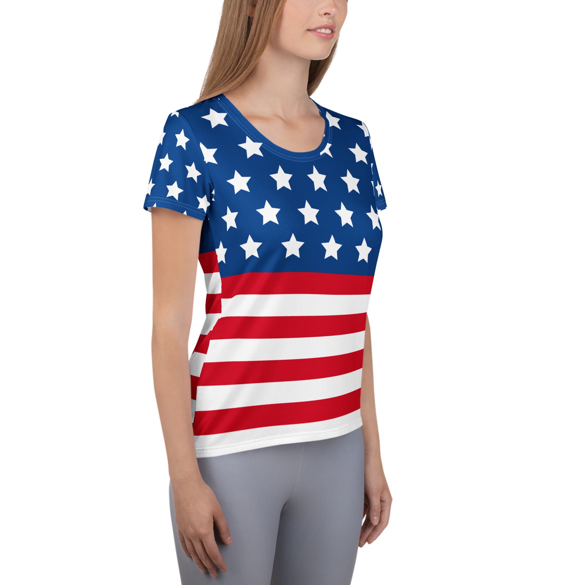 Women’s USA Flag Performance Athletic T-Shirt - Lightweight Moisture Wicking Workout Top with UPF 50+