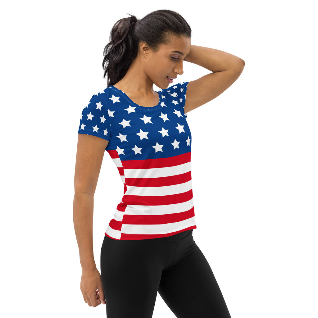 Women’s USA Flag Performance Athletic T-Shirt - Lightweight Moisture Wicking Workout Top with UPF 50+