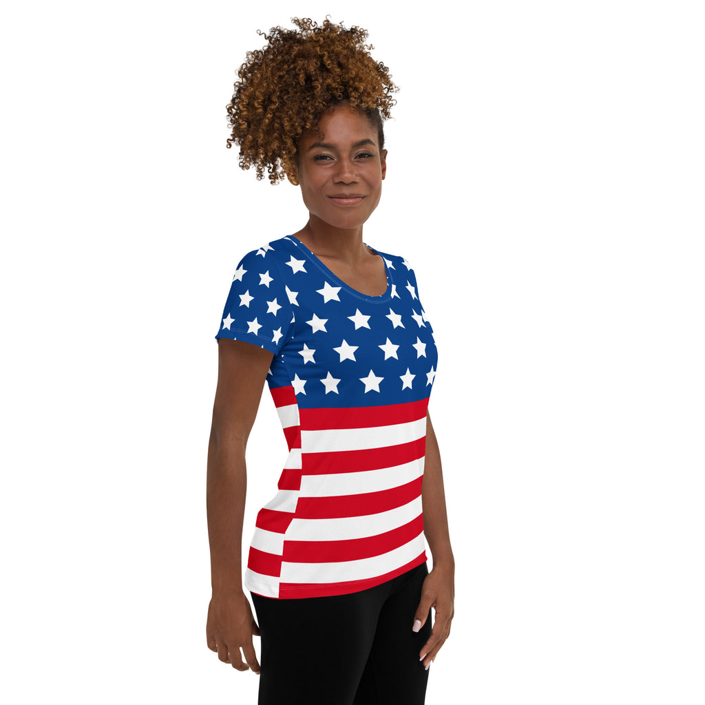 Women’s USA Flag Performance Athletic T-Shirt - Lightweight Moisture Wicking Workout Top with UPF 50+