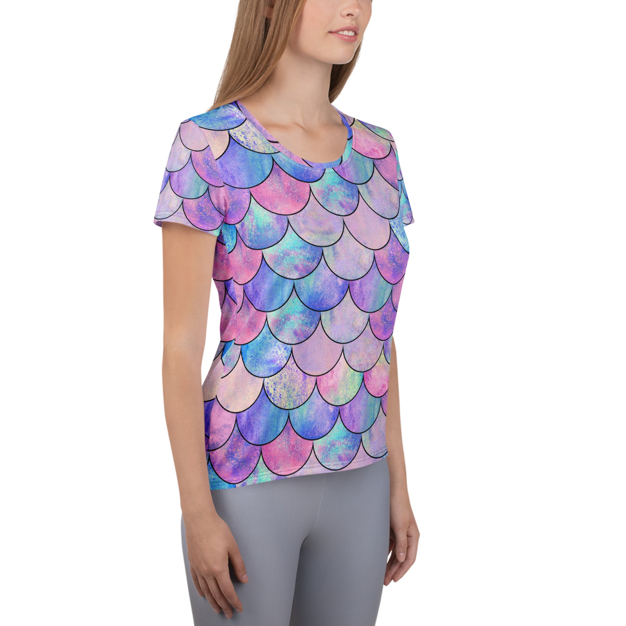 Women’s Pastel Mermaid Performance Athletic T-Shirt - Lightweight Moisture Wicking Workout Top with UPF 50+