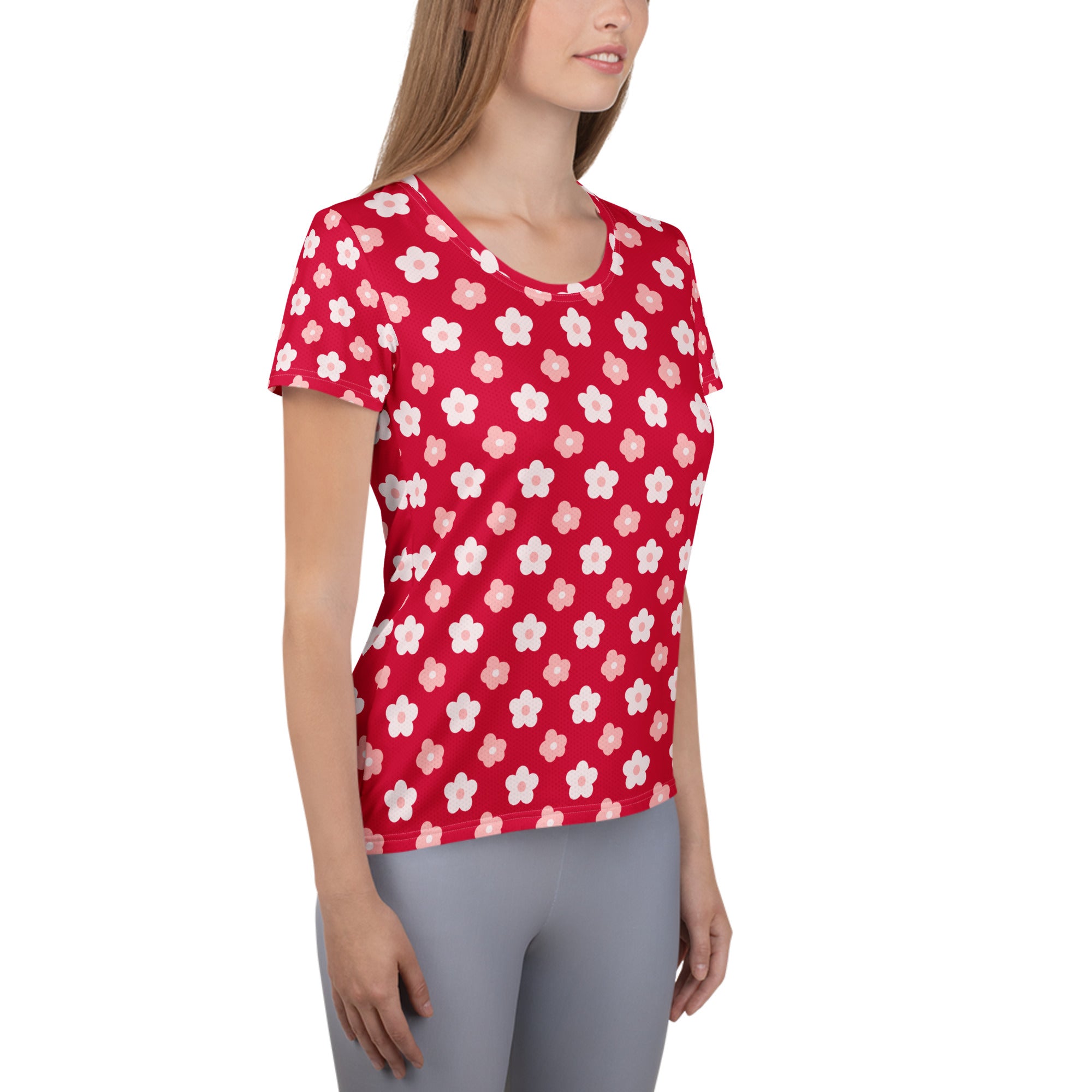 Women’s ed & Pink Floral Performance Athletic T-Shirt - Lightweight Moisture Wicking Workout Top with UPF 50+