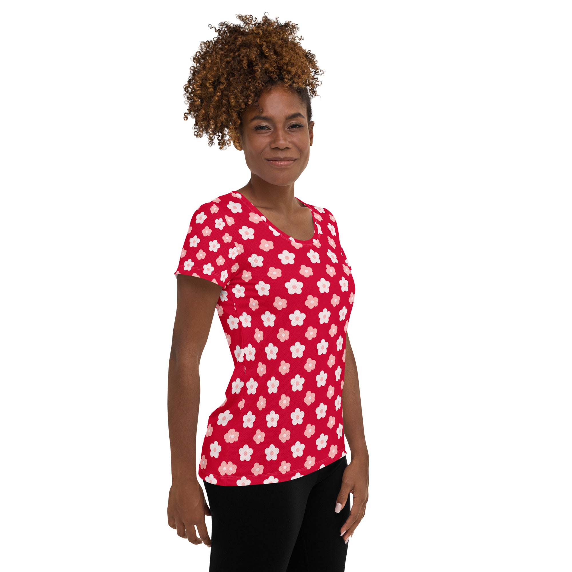 Women’s ed & Pink Floral Performance Athletic T-Shirt - Lightweight Moisture Wicking Workout Top with UPF 50+
