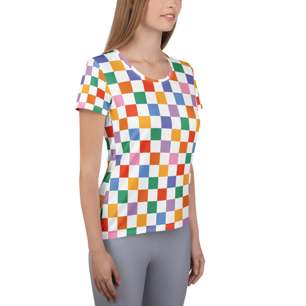 Women’s Colorful Checkerboard Performance Athletic T-Shirt - Lightweight Moisture Wicking Workout Top with UPF 50+