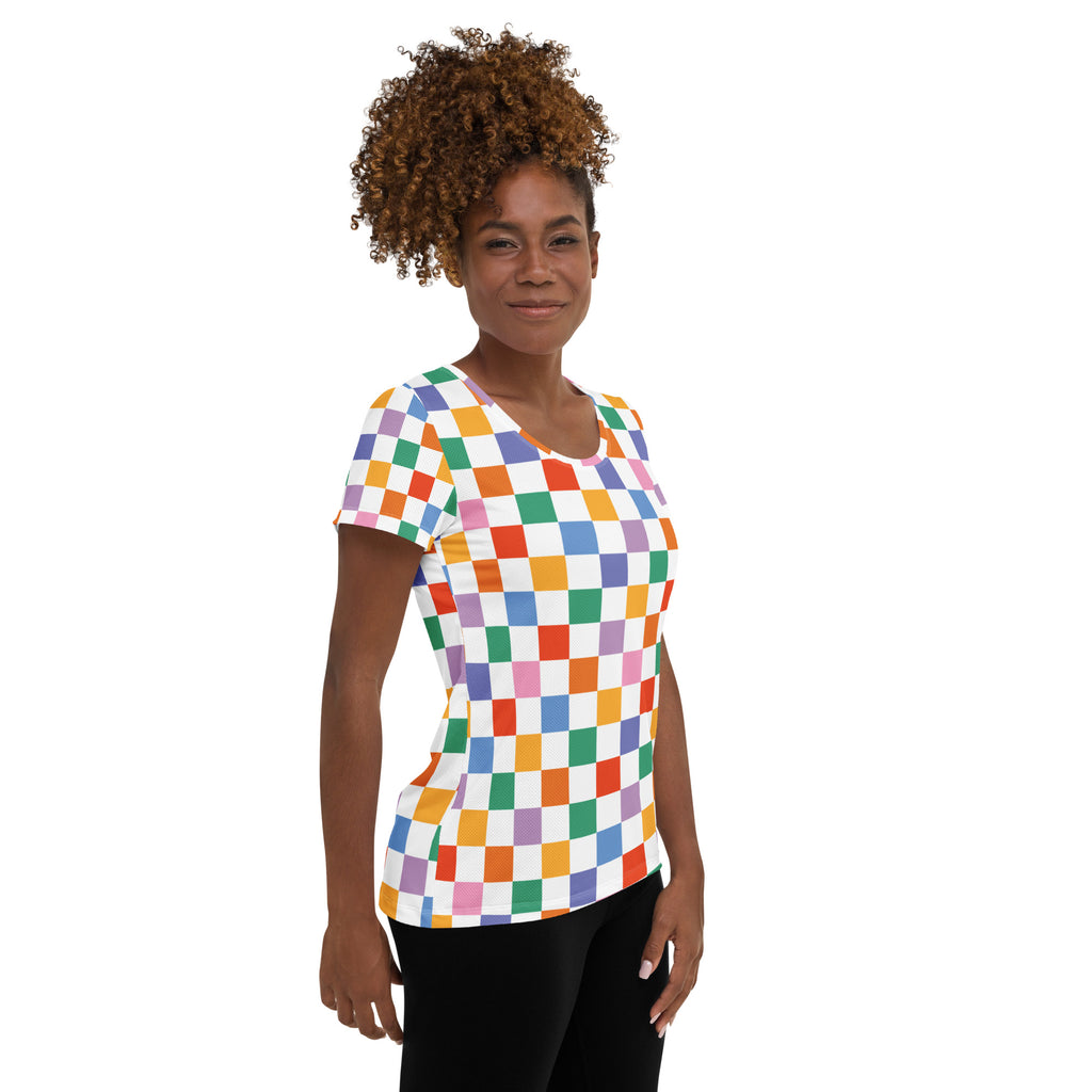 Women’s Colorful Checkerboard Performance Athletic T-Shirt - Lightweight Moisture Wicking Workout Top with UPF 50+