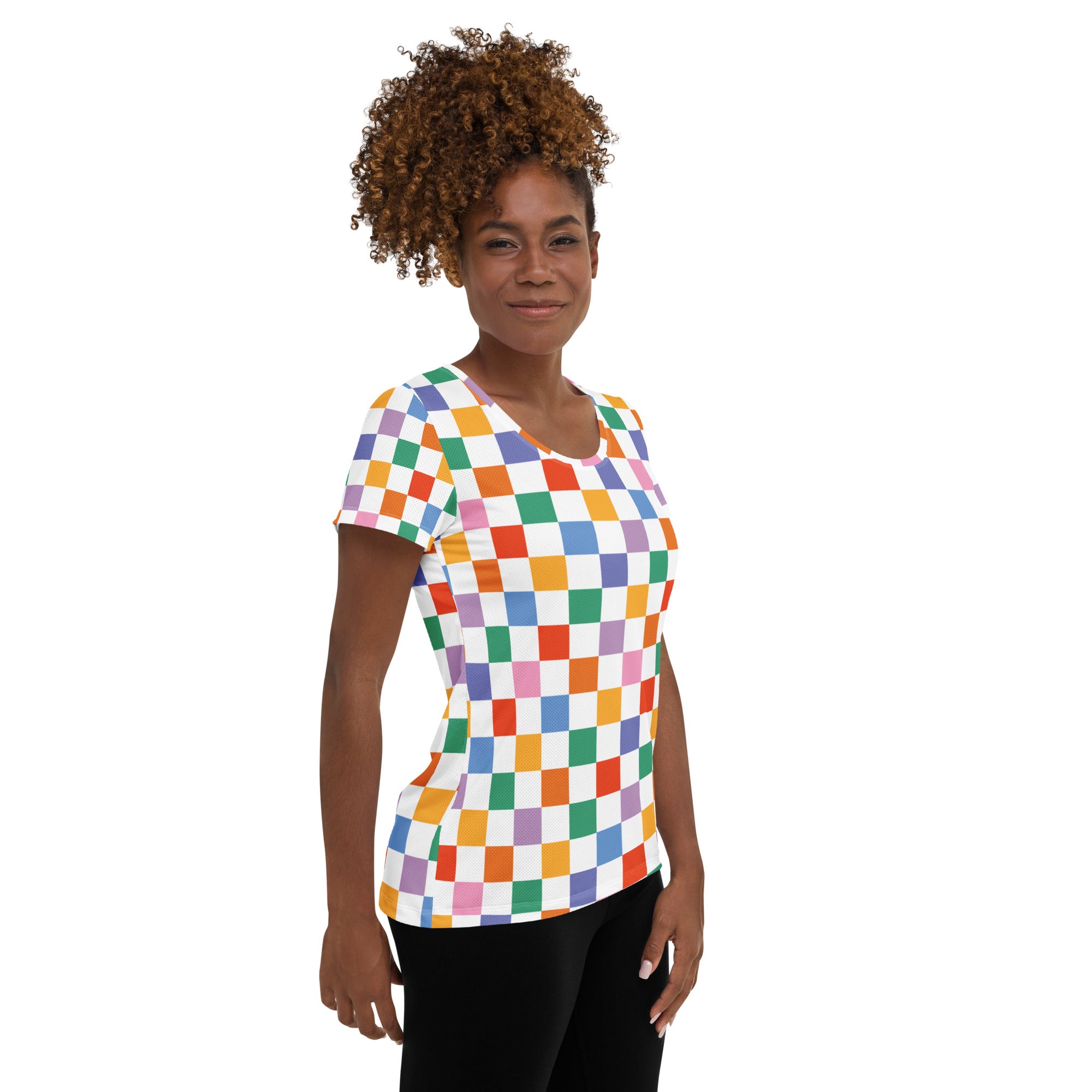 Women’s Colorful Checkerboard Performance Athletic T-Shirt - Lightweight Moisture Wicking Workout Top with UPF 50+