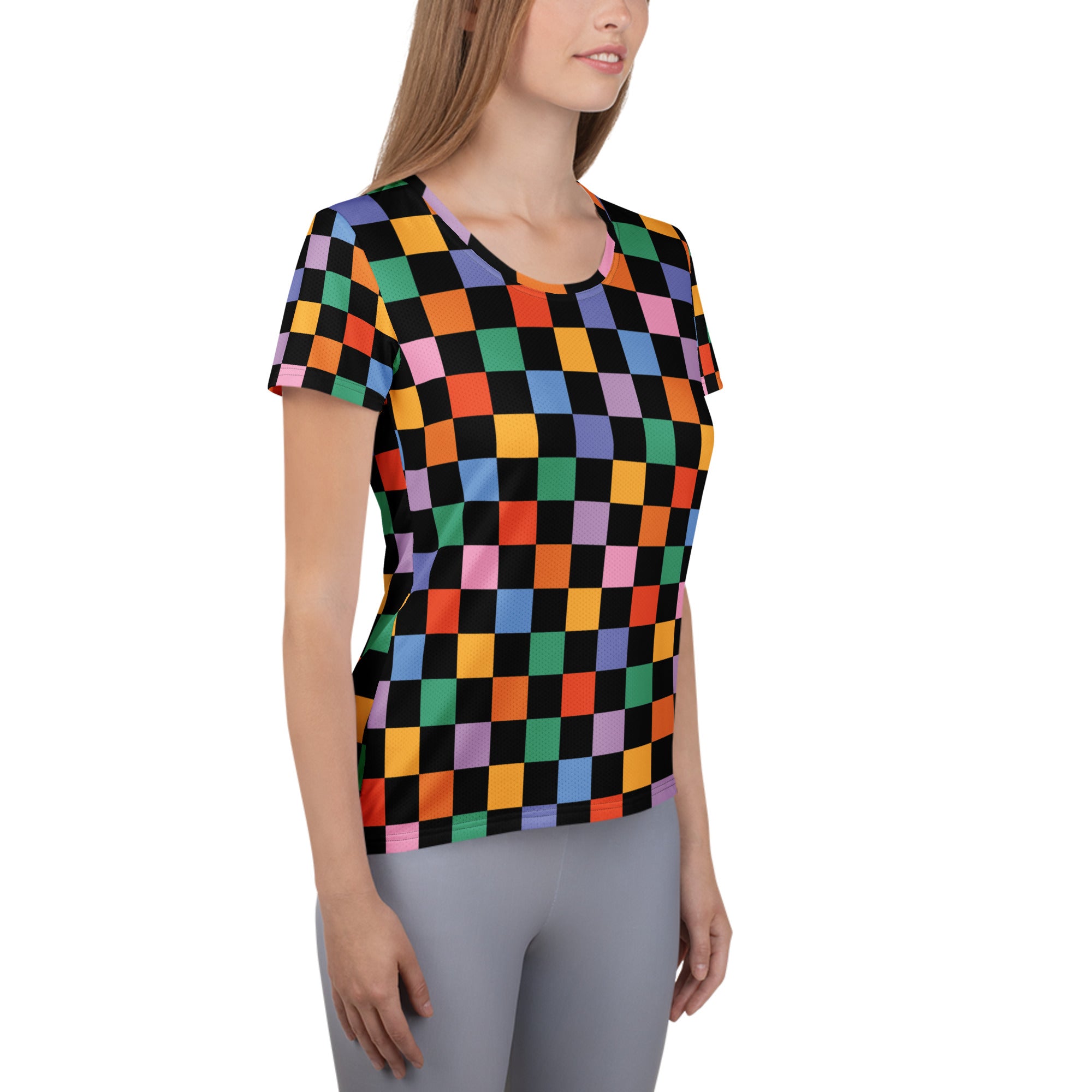Women’s Colorful Checkerboard Performance Athletic T-Shirt - Lightweight Moisture Wicking Workout Top with UPF 50+