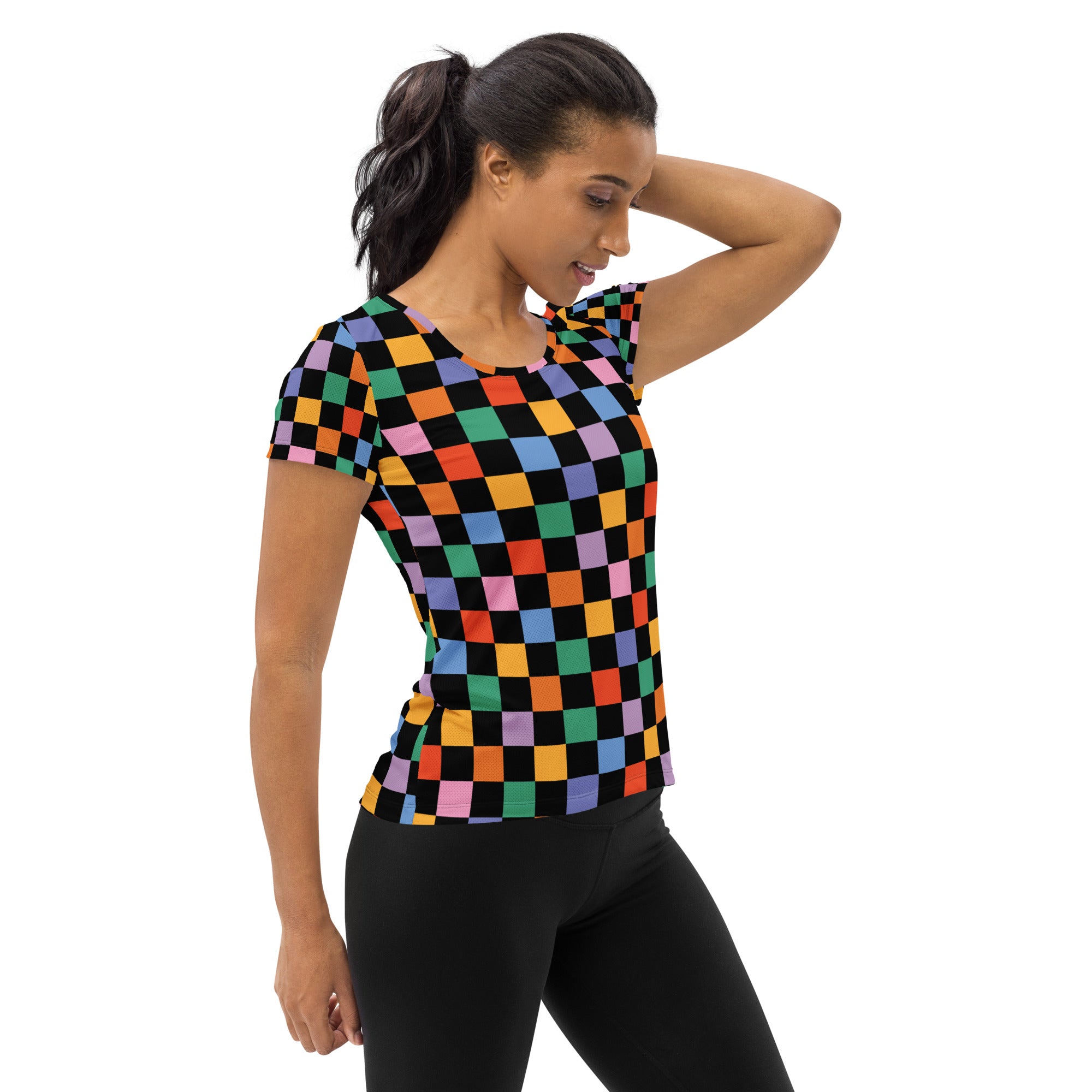 Women’s Colorful Checkerboard Performance Athletic T-Shirt - Lightweight Moisture Wicking Workout Top with UPF 50+