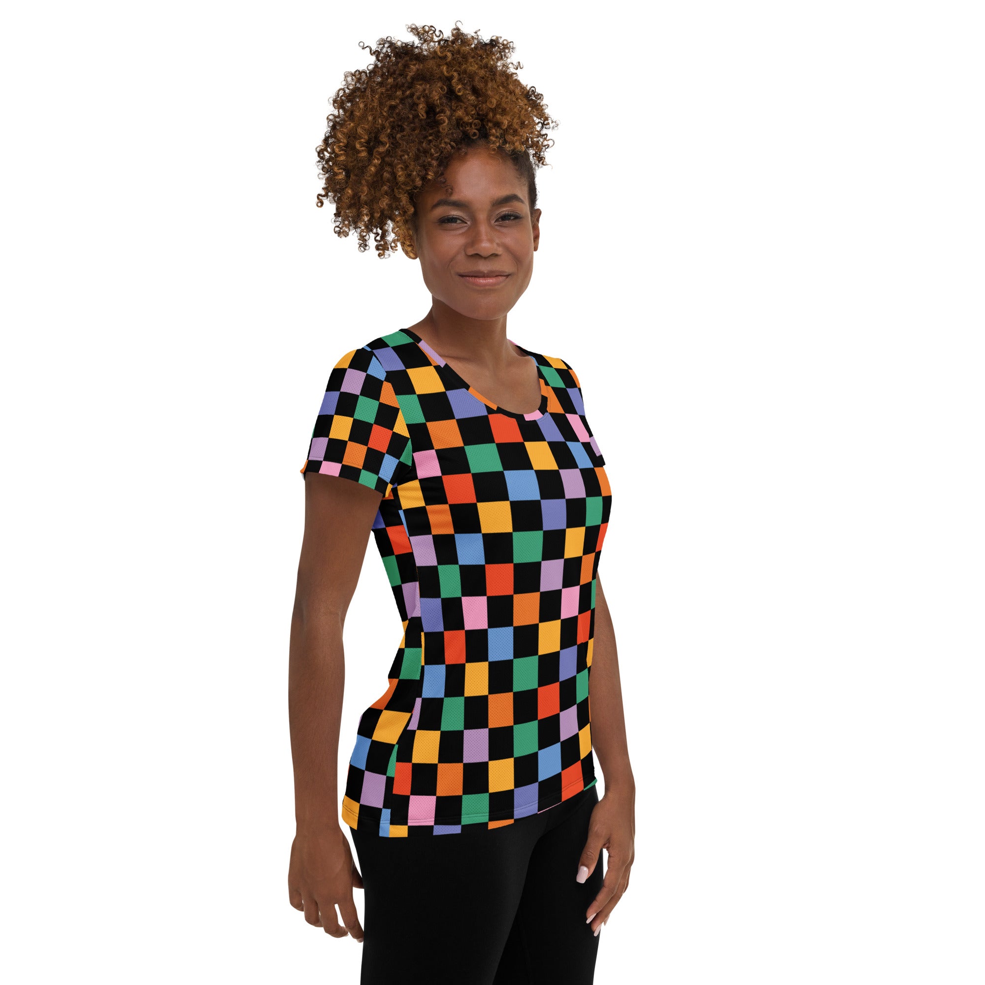 Women’s Colorful Checkerboard Performance Athletic T-Shirt - Lightweight Moisture Wicking Workout Top with UPF 50+