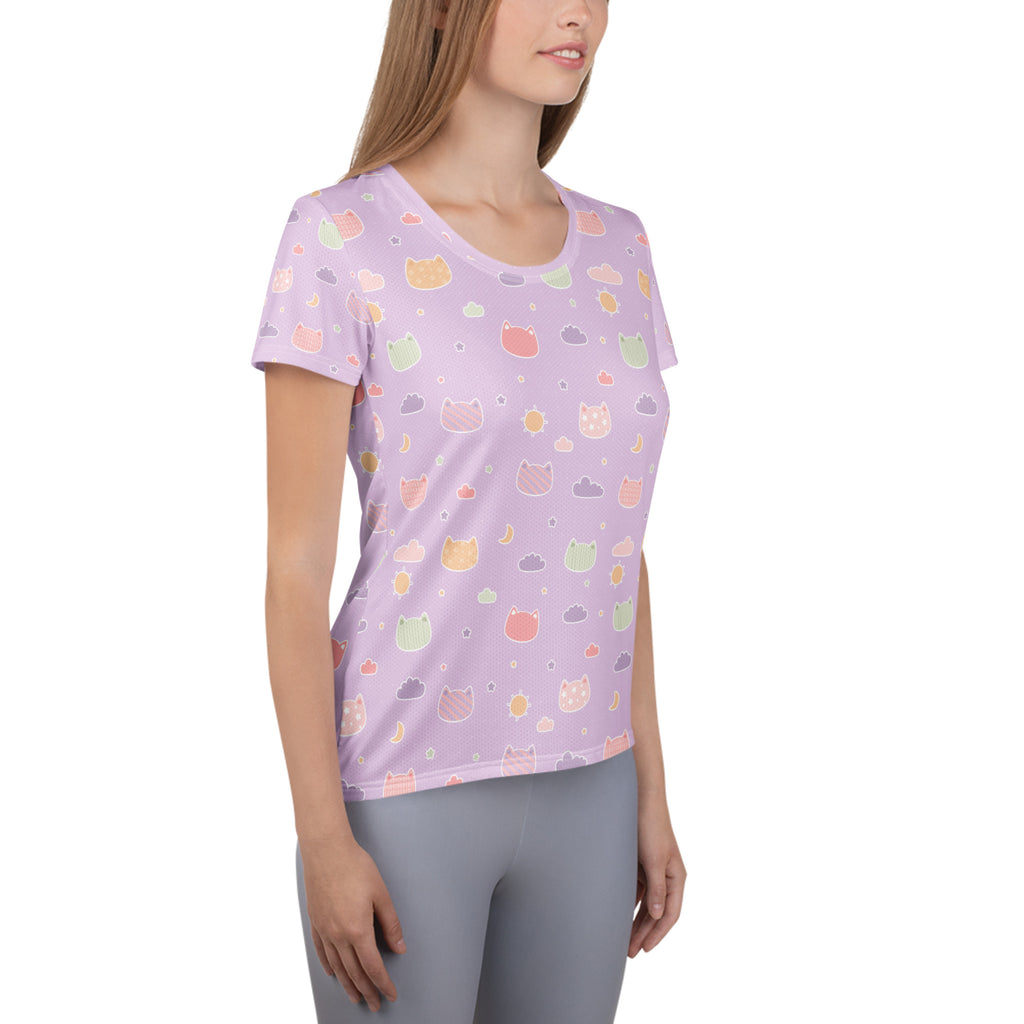 Women’s Pastel Purple Kawaii Cat & Cloud Performance Athletic T-Shirt - Lightweight Moisture Wicking Workout Top with UPF 50+