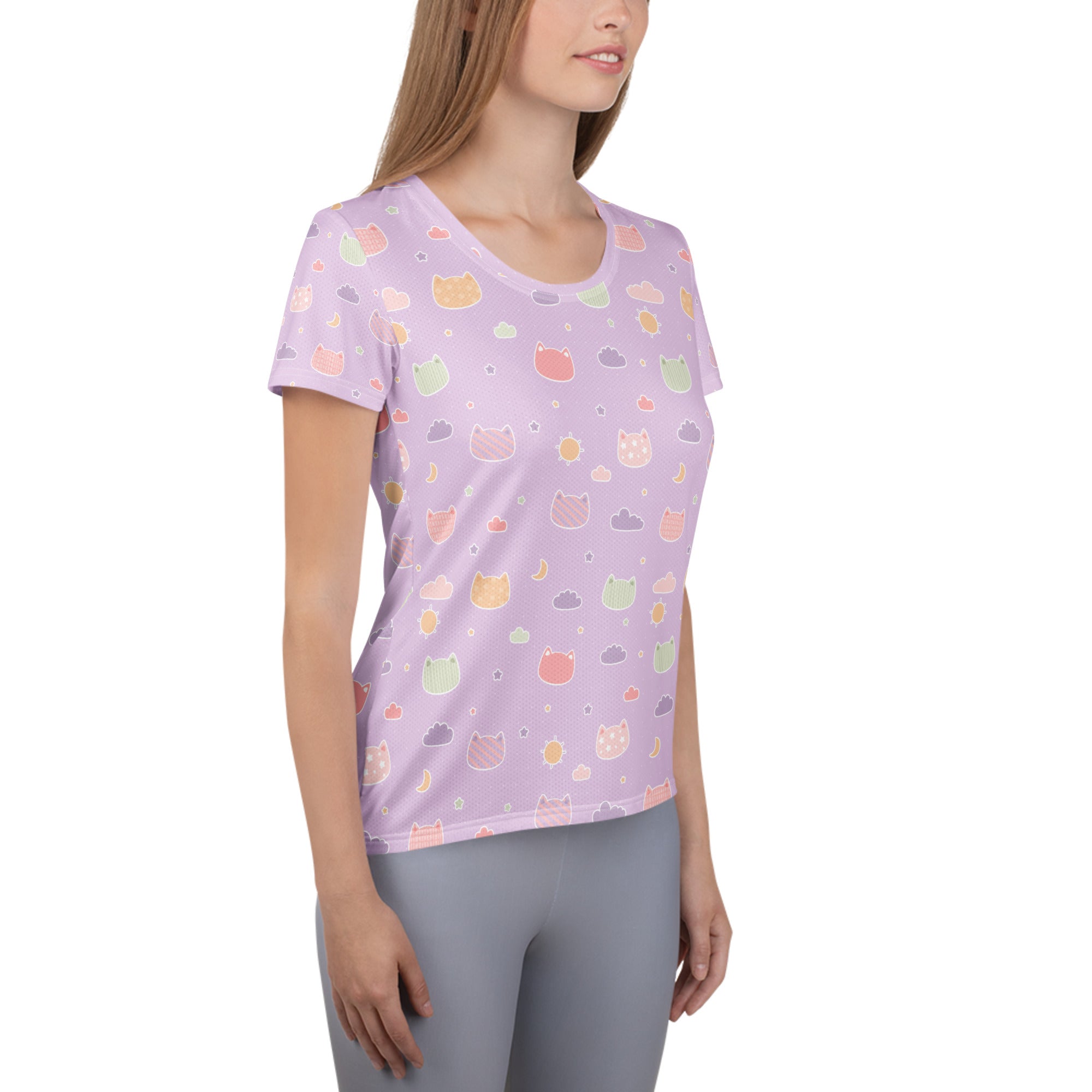 Women’s Pastel Purple Kawaii Cat & Cloud Performance Athletic T-Shirt - Lightweight Moisture Wicking Workout Top with UPF 50+