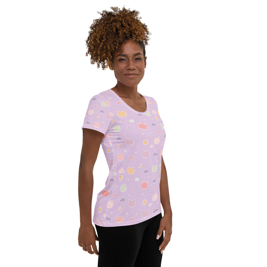 Women’s Pastel Purple Kawaii Cat & Cloud Performance Athletic T-Shirt - Lightweight Moisture Wicking Workout Top with UPF 50+
