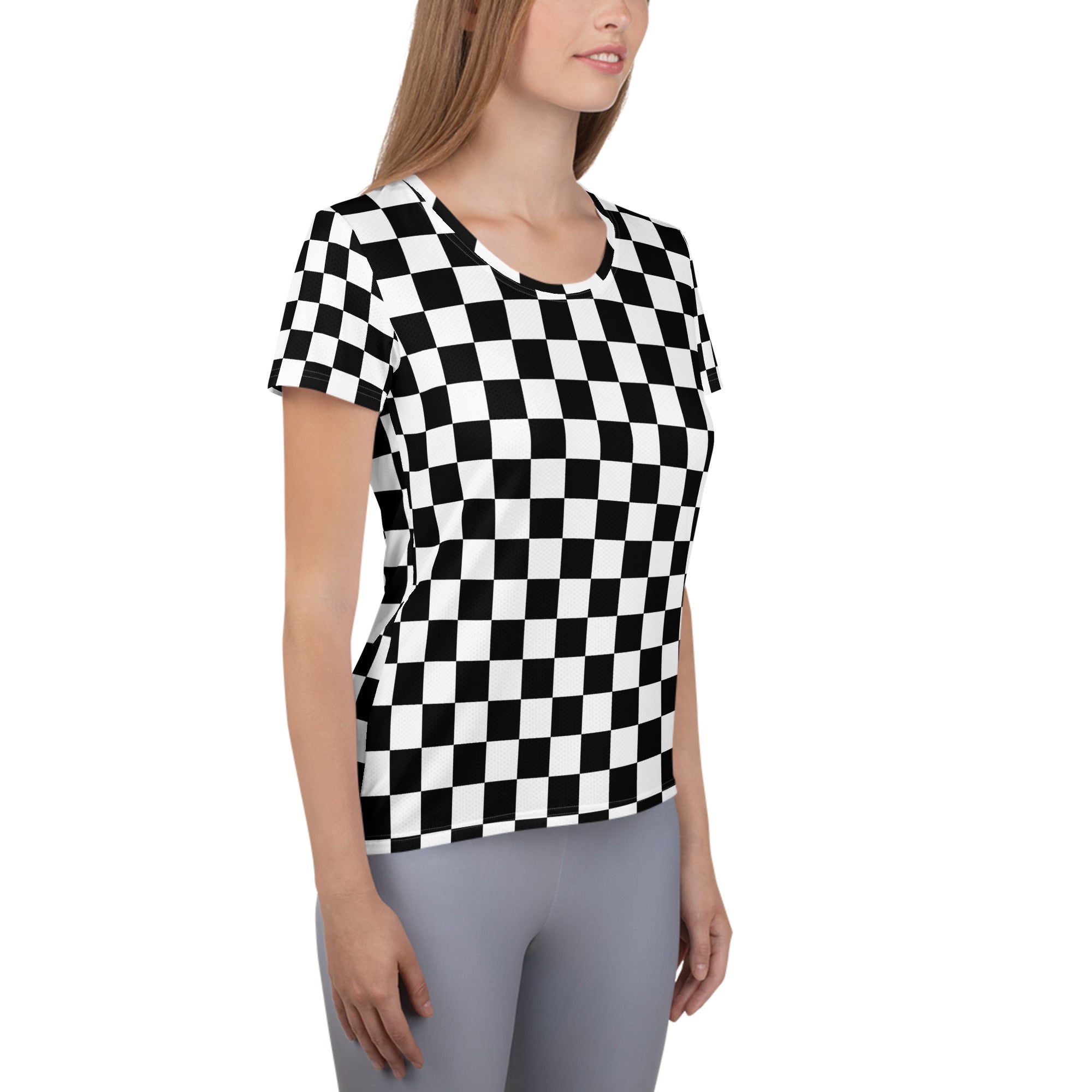 Women’s Checkered Athletic T-Shirt - Lightweight Moisture Wicking Workout Top with UPF 50+