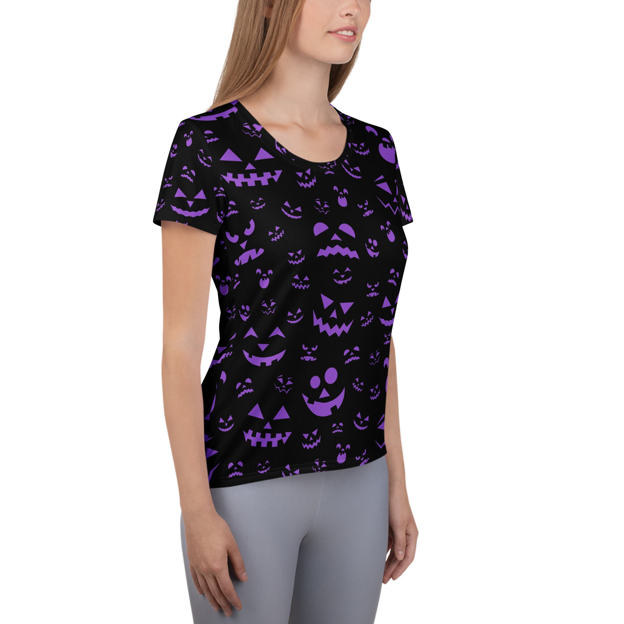 Women’s Purple Jack-O'-Lantern Athletic T-Shirt - Lightweight Moisture Wicking Workout Top with UPF 50+