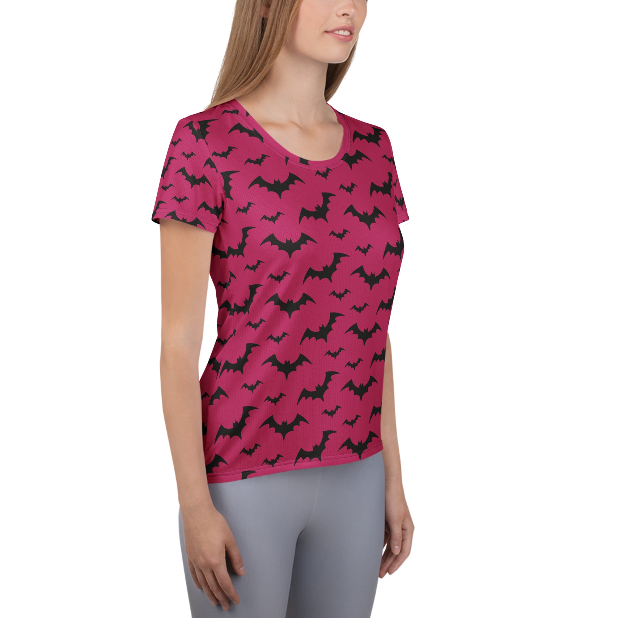 Women’s Dark Pink Bats Halloween Performance Athletic T-Shirt - Lightweight Moisture Wicking Workout Top with UPF 50+
