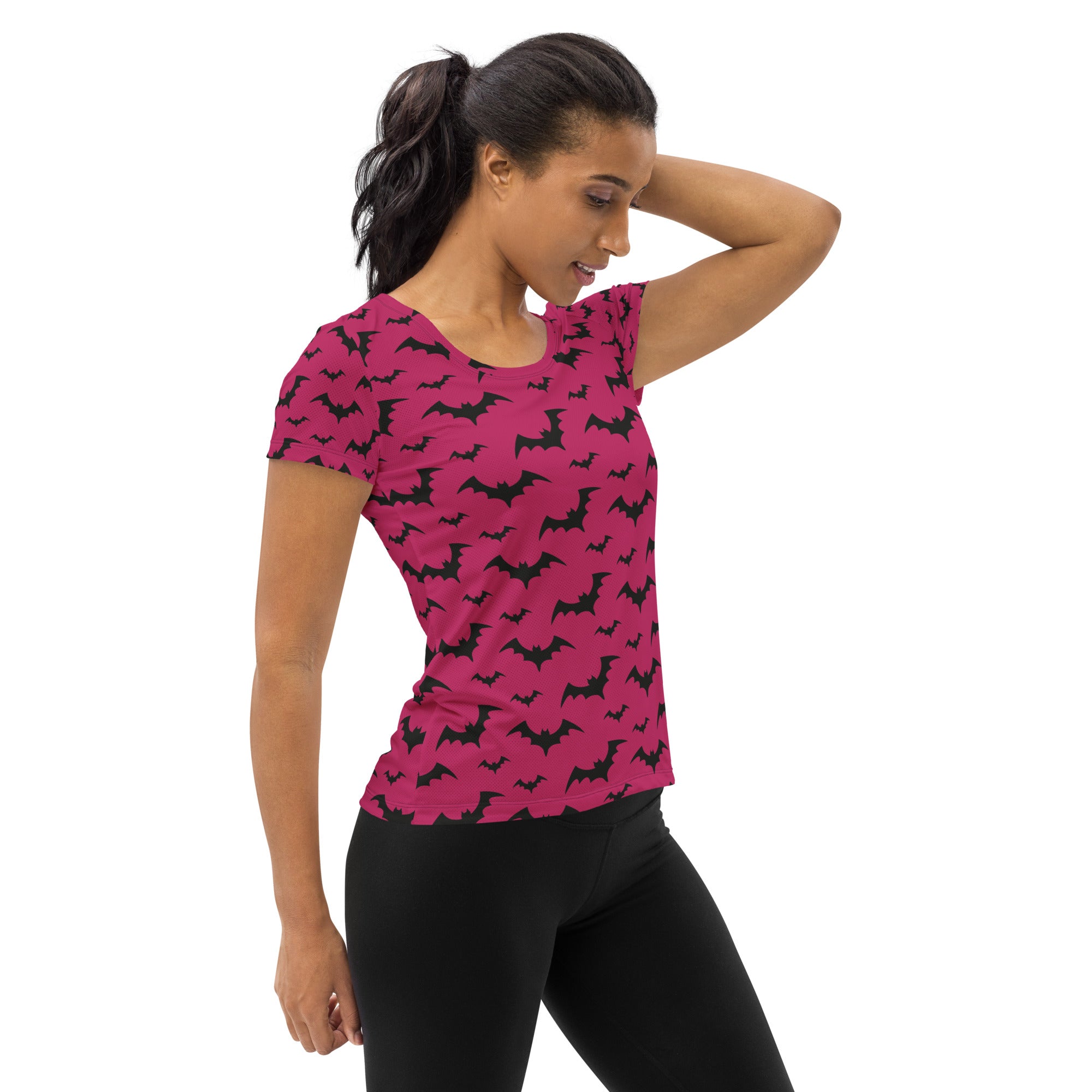 Women’s Dark Pink Bats Halloween Performance Athletic T-Shirt - Lightweight Moisture Wicking Workout Top with UPF 50+