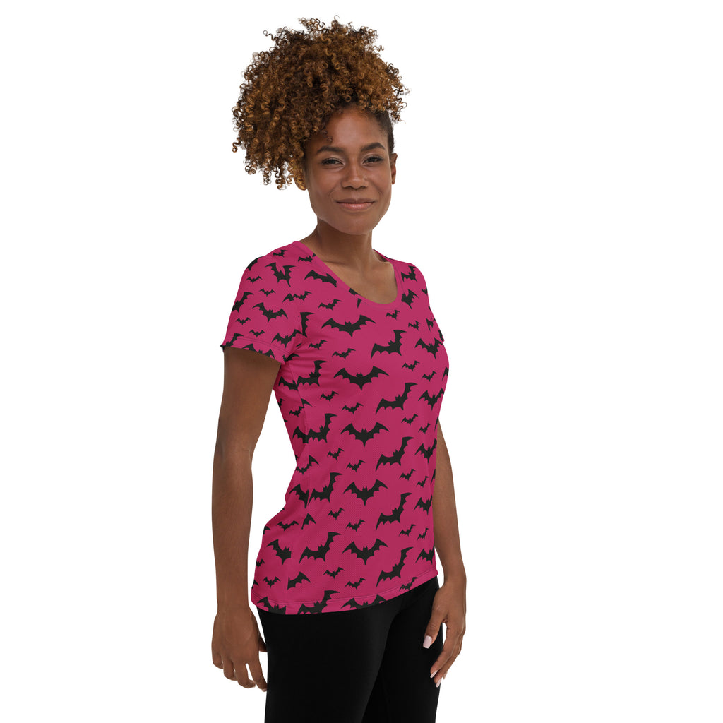Women’s Dark Pink Bats Halloween Performance Athletic T-Shirt - Lightweight Moisture Wicking Workout Top with UPF 50+