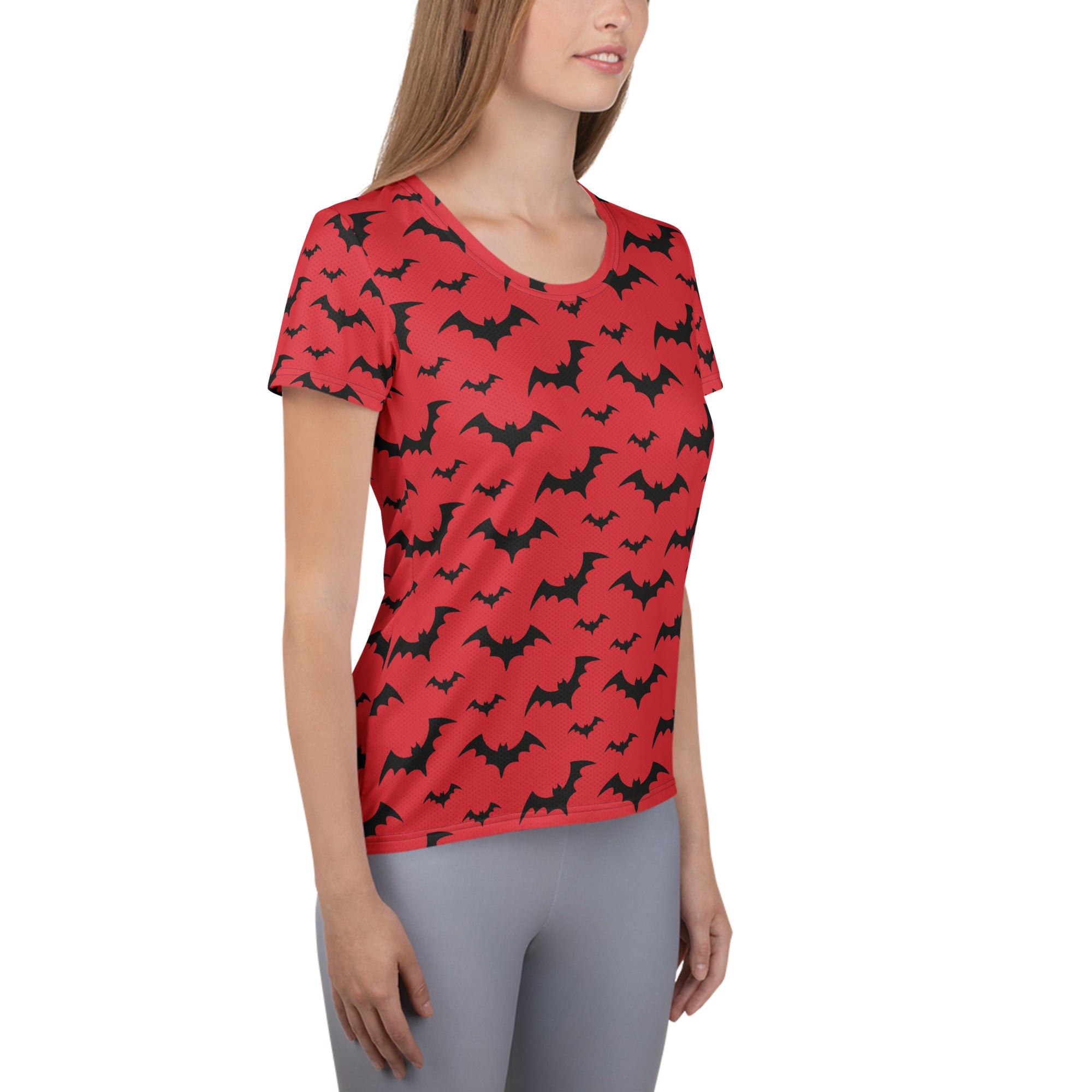 Women’s Red Bats Halloween Performance Athletic T-Shirt - Lightweight Moisture Wicking Workout Top with UPF 50+
