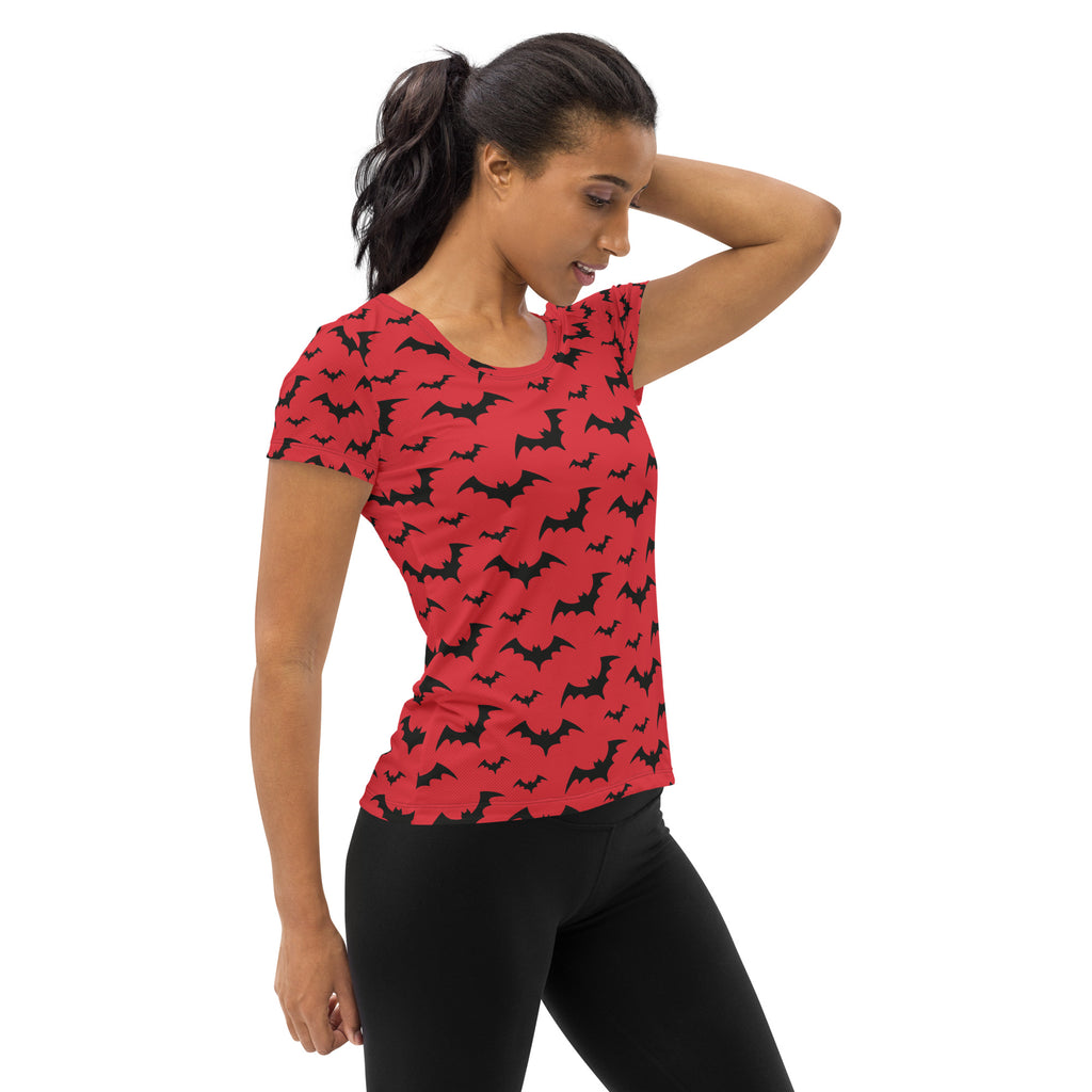 Women’s Red Bats Halloween Performance Athletic T-Shirt - Lightweight Moisture Wicking Workout Top with UPF 50+