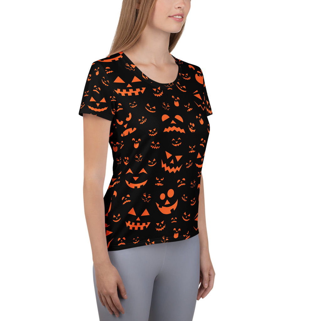 Women’s Orange Jack-O'-Lantern Athletic T-Shirt - Lightweight Moisture Wicking Workout Top with UPF 50+