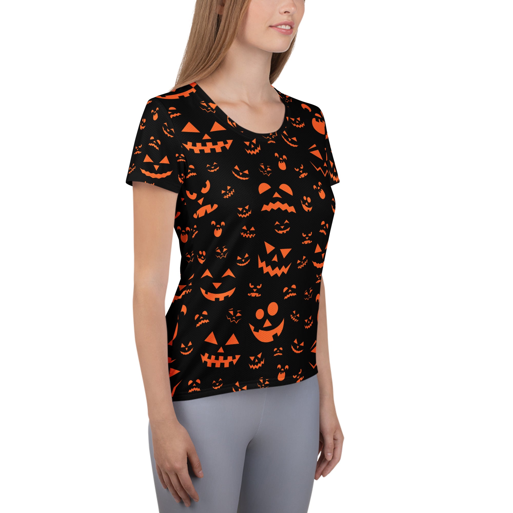 Women’s Orange Jack-O'-Lantern Athletic T-Shirt - Lightweight Moisture Wicking Workout Top with UPF 50+