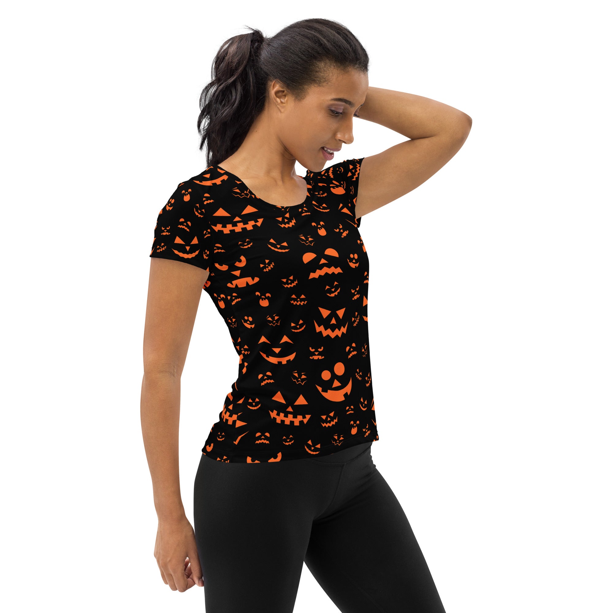 Women’s Orange Jack-O'-Lantern Athletic T-Shirt - Lightweight Moisture Wicking Workout Top with UPF 50+