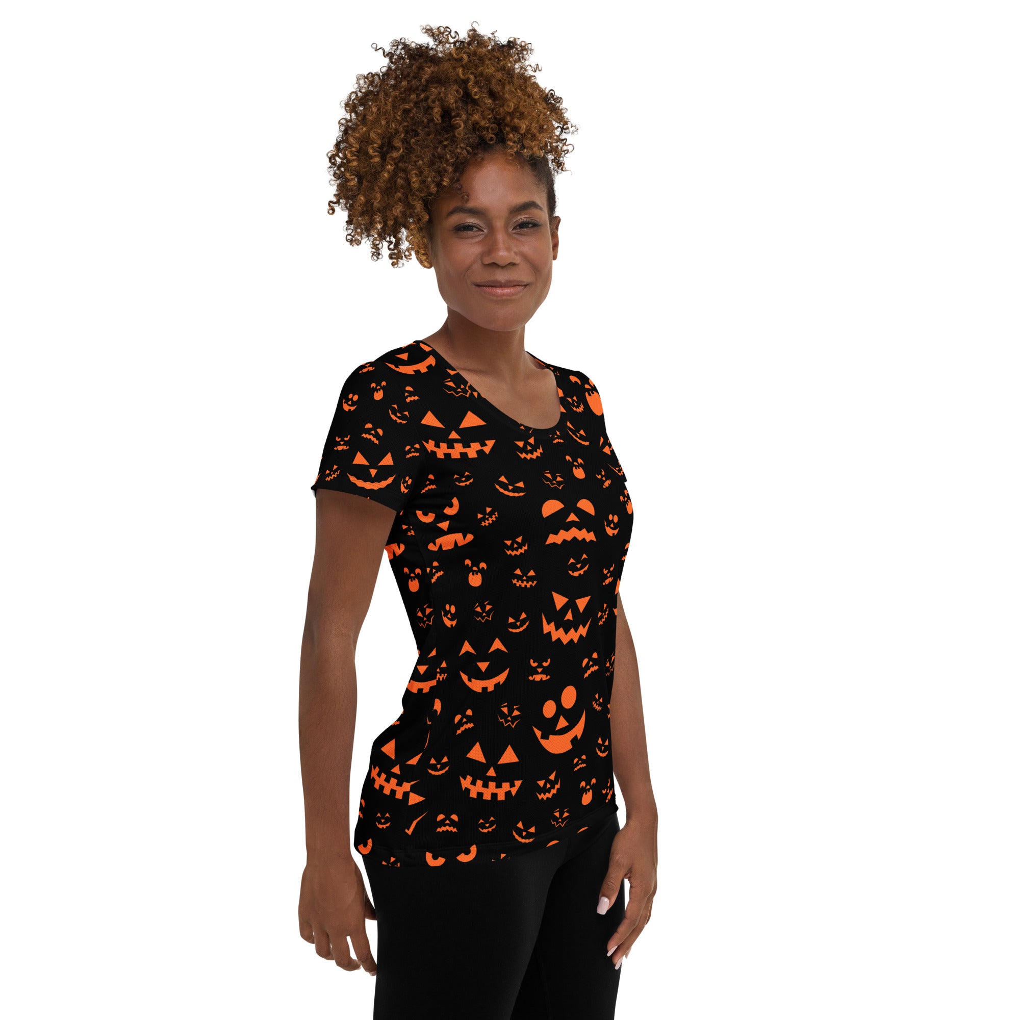 Women’s Orange Jack-O'-Lantern Athletic T-Shirt - Lightweight Moisture Wicking Workout Top with UPF 50+