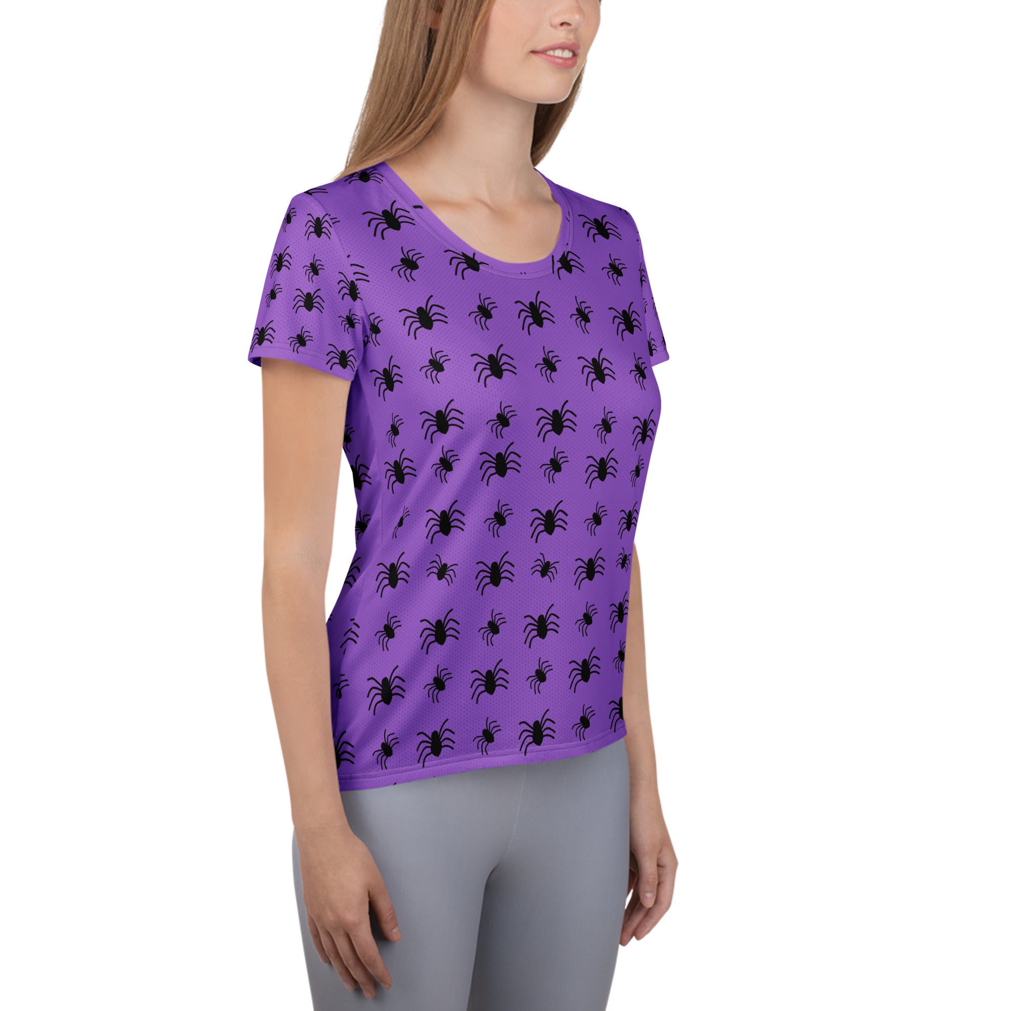 Women’s Purple Spider Halloween Athletic T-Shirt - Lightweight Moisture Wicking Workout Top with UPF 50+