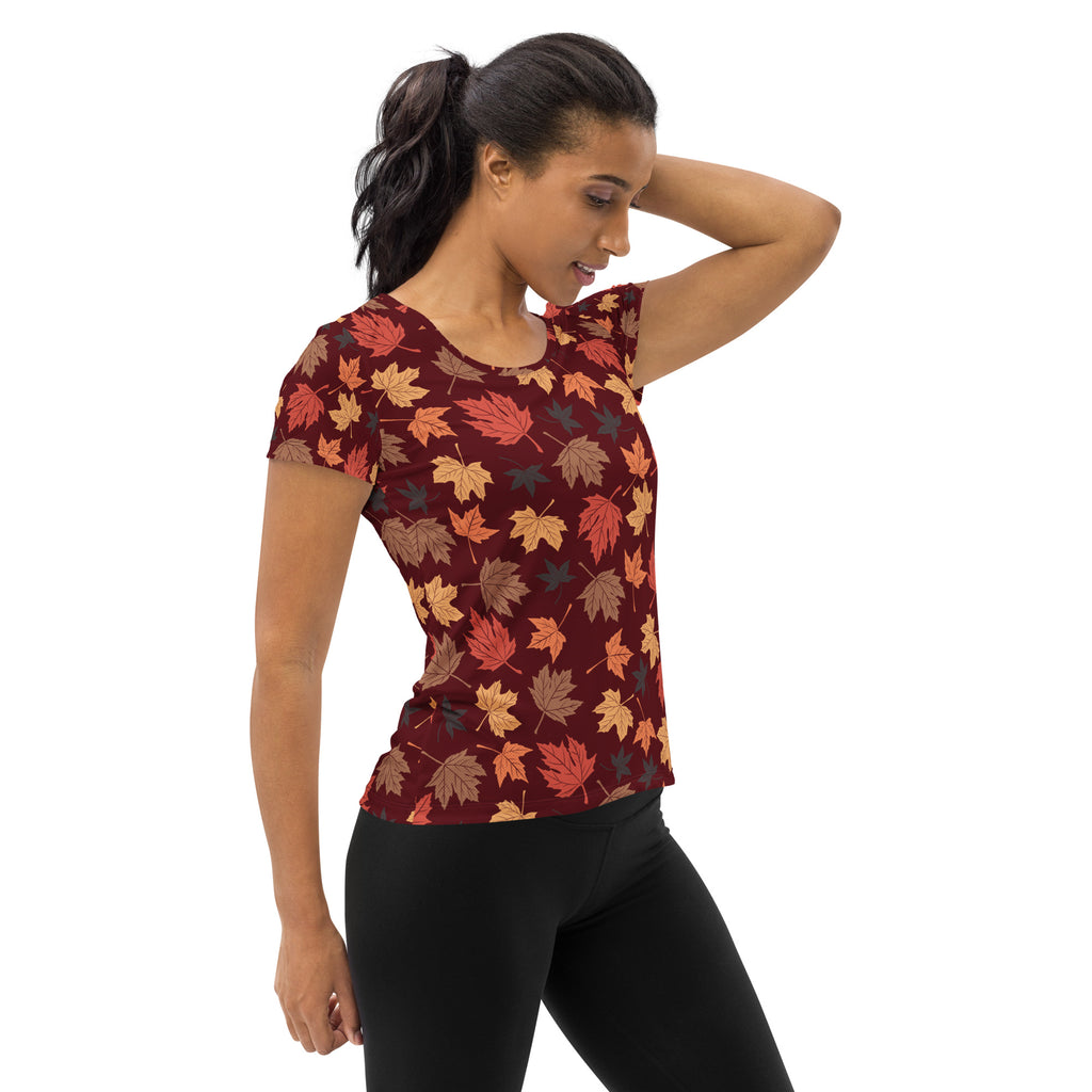 Women’s Autumn Maple Leaves Athletic T-Shirt - Lightweight Moisture Wicking Workout Top with UPF 50+
