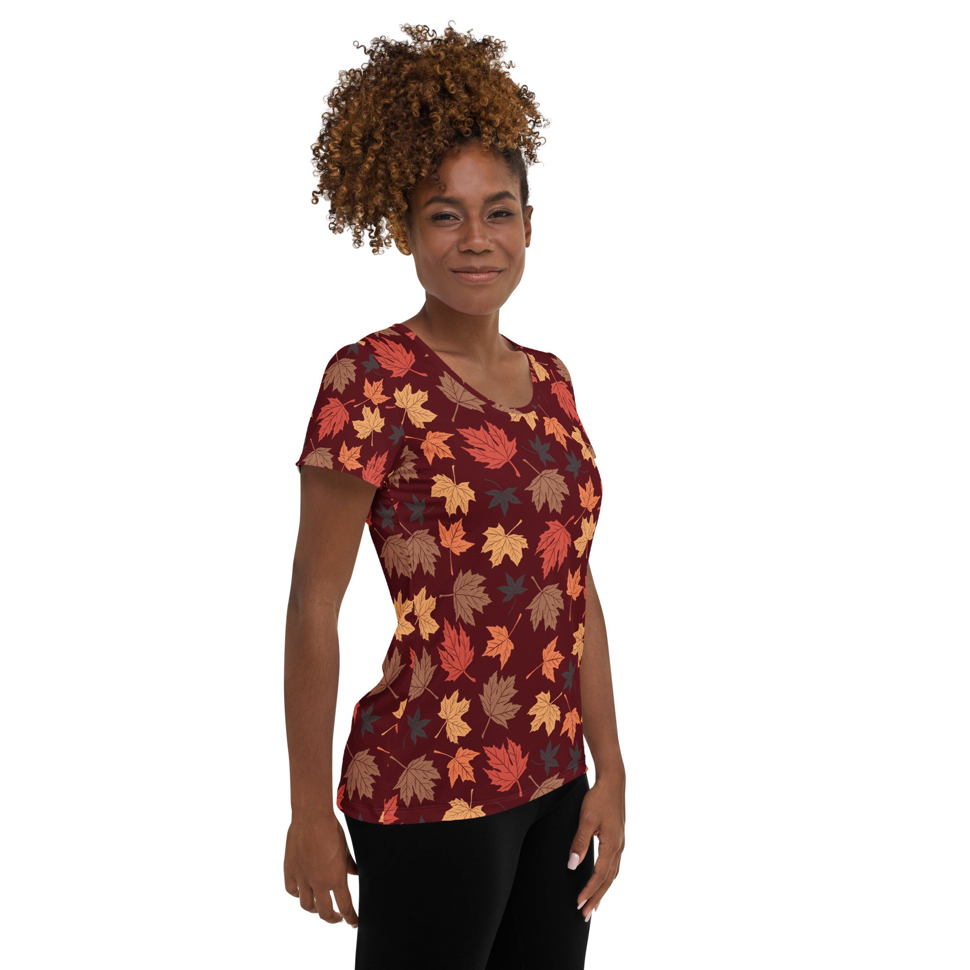 Women’s Autumn Maple Leaves Athletic T-Shirt - Lightweight Moisture Wicking Workout Top with UPF 50+