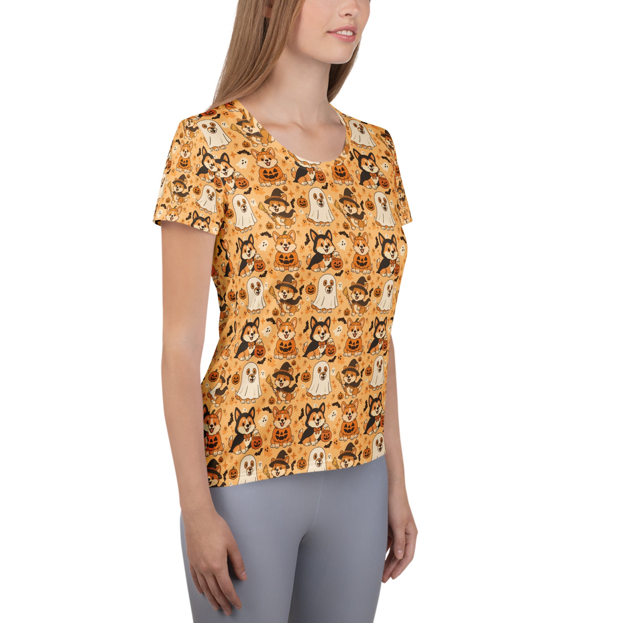 Women’s Corgi Halloween Athletic T-Shirt - Lightweight Moisture Wicking Workout Top with UPF 50+